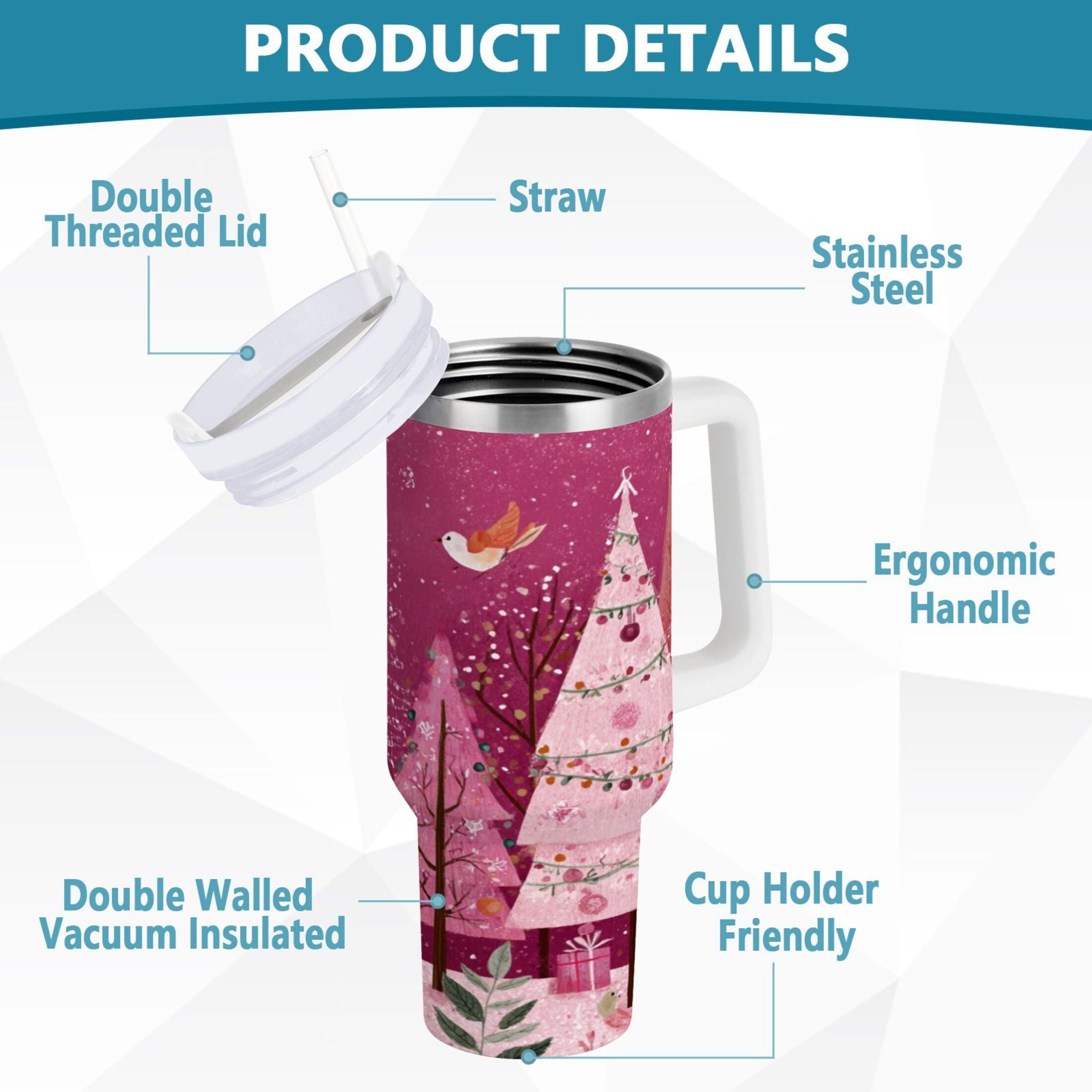 40 oz Insulated Stainless Steel Tumbler Double Wall Stainless Steel Tumbler with 2-Way Drinking Pink Christmas Forest - CEY3
