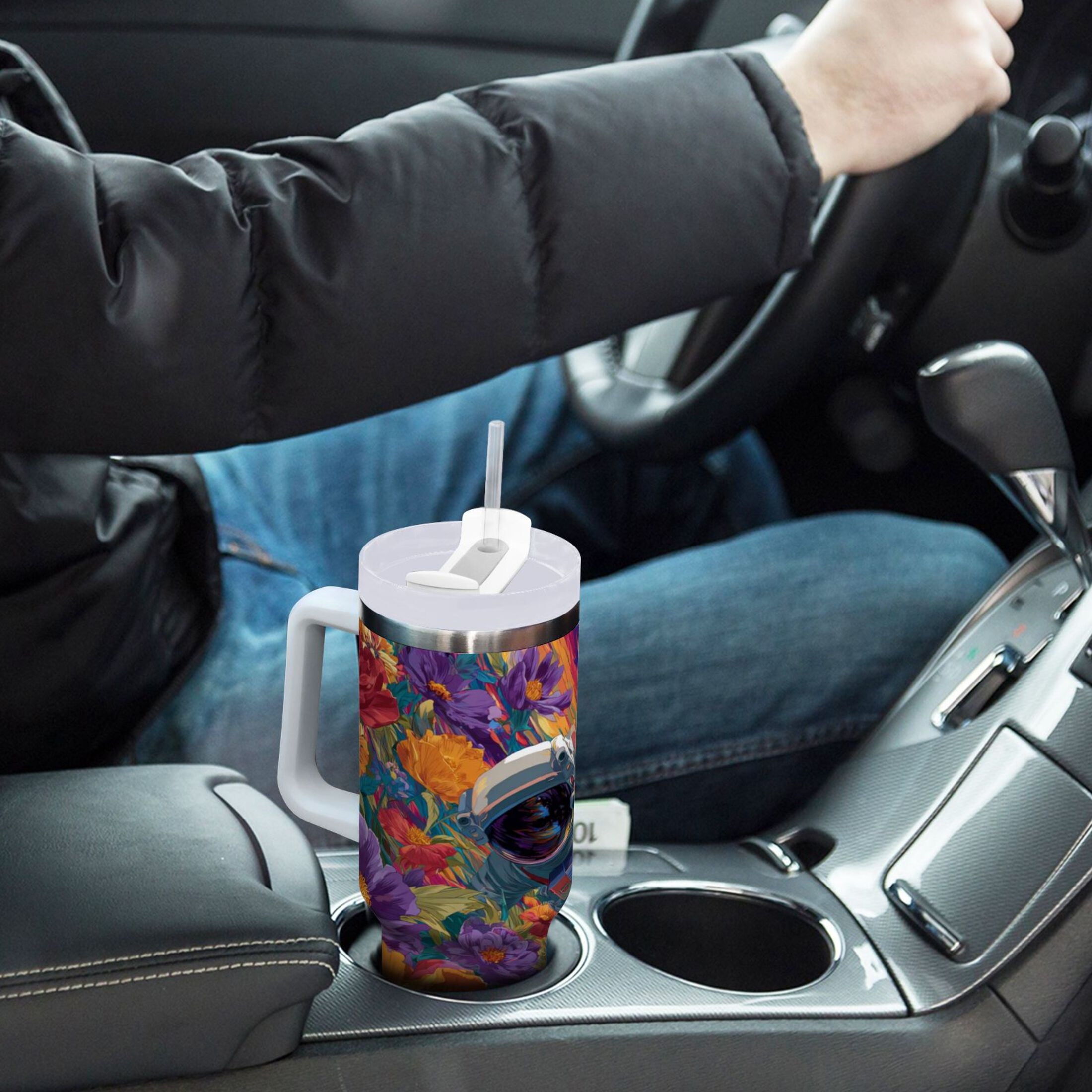 40 oz Insulated Stainless Steel Tumbler Double Wall Stainless Steel Tumbler with 2-Way Drinking Colorful Flowers and Planets - VVEF