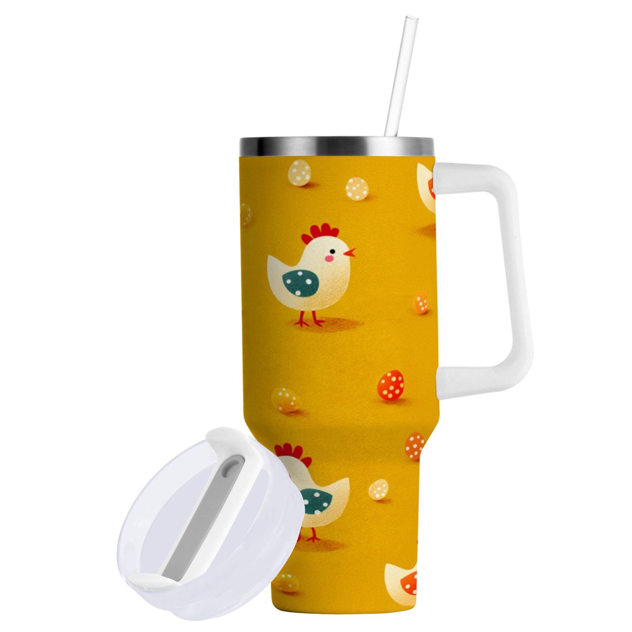 30 oz Insulated Stainless Steel Tumbler Double Wall Stainless Steel Tumbler with 2-Way Drinking Cartoon Chickens Pattern - XI35
