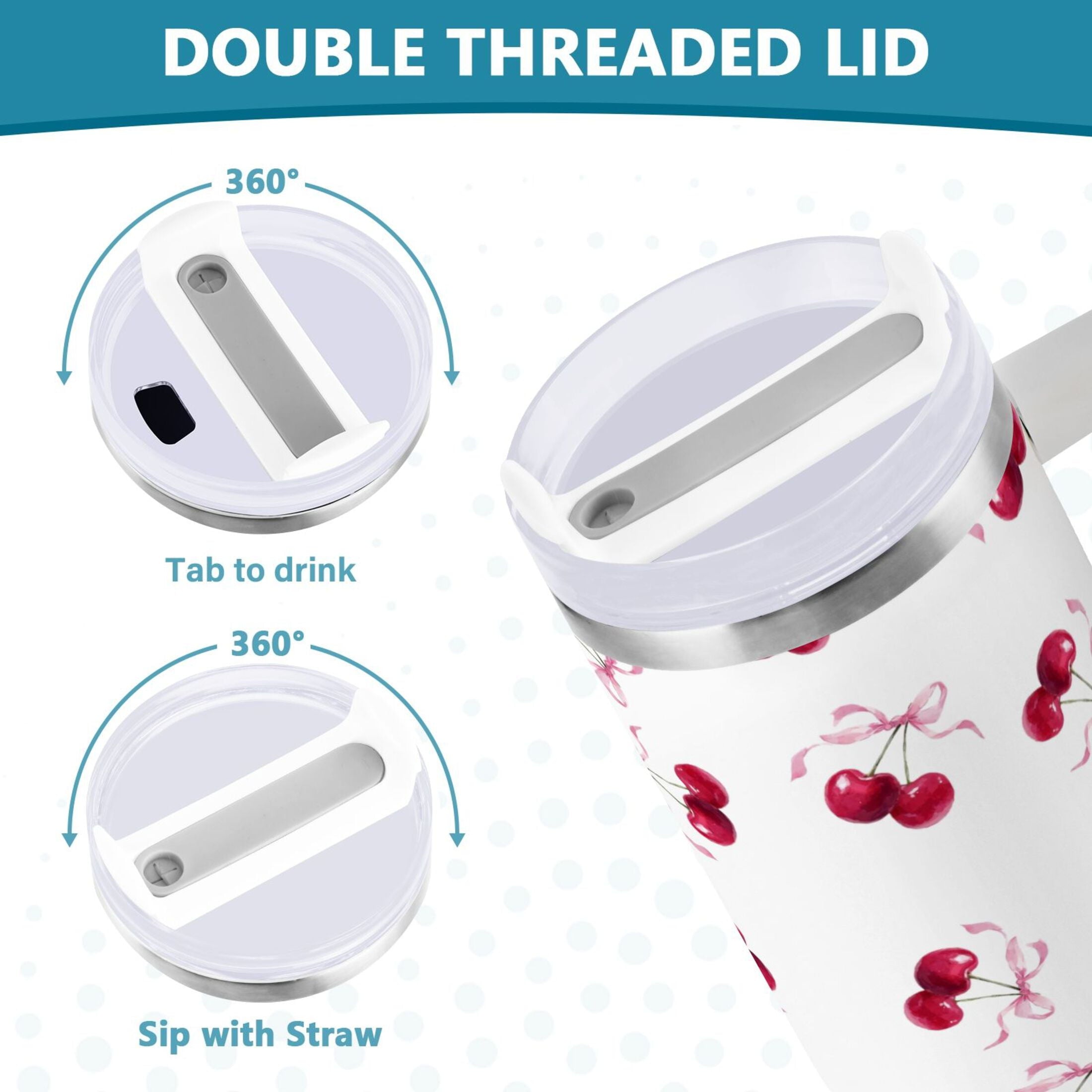 30 oz Insulated Stainless Steel Tumbler Double Wall Stainless Steel Tumbler with 2-Way Drinking Watercolor Cherries Pattern - M0EV
