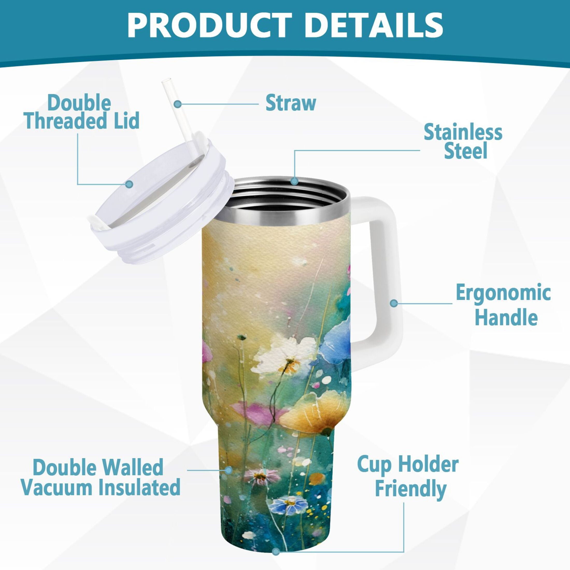 30 oz Insulated Stainless Steel Tumbler Double Wall Stainless Steel Tumbler with 2-Way Drinking Watercolor Wildflowers - IP78