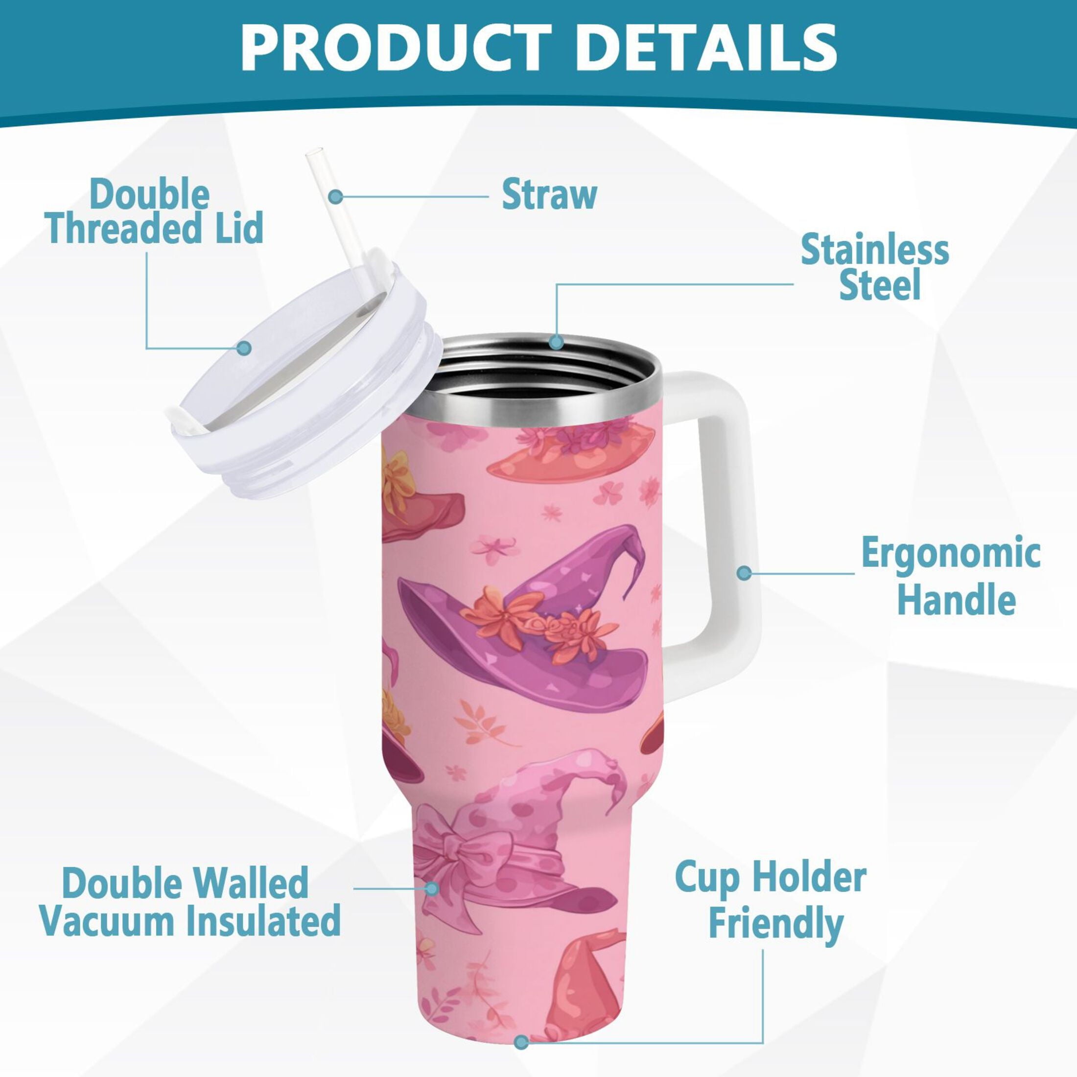 30 oz Insulated Stainless Steel Tumbler Double Wall Stainless Steel Tumbler with 2-Way Drinking Colorful Hat Pattern - QOOV