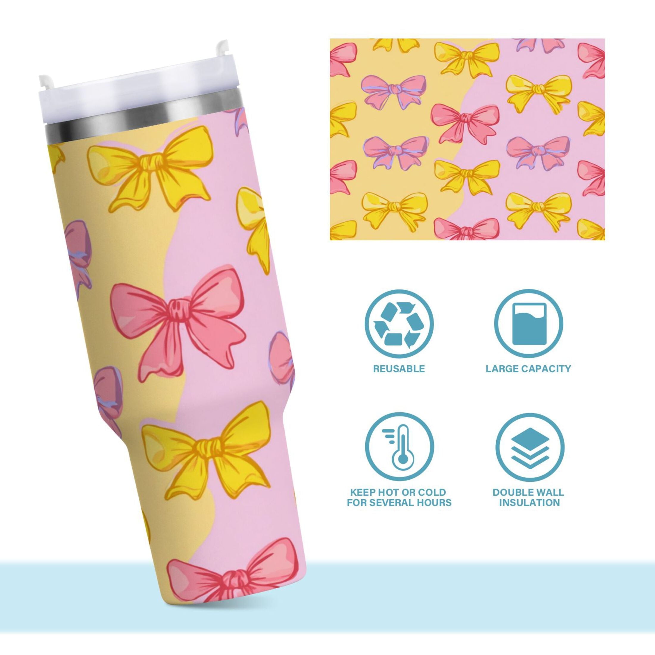 30 oz Insulated Stainless Steel Tumbler Double Wall Stainless Steel Tumbler with 2-Way Drinking Yellow and Pink Bows - Y0T2