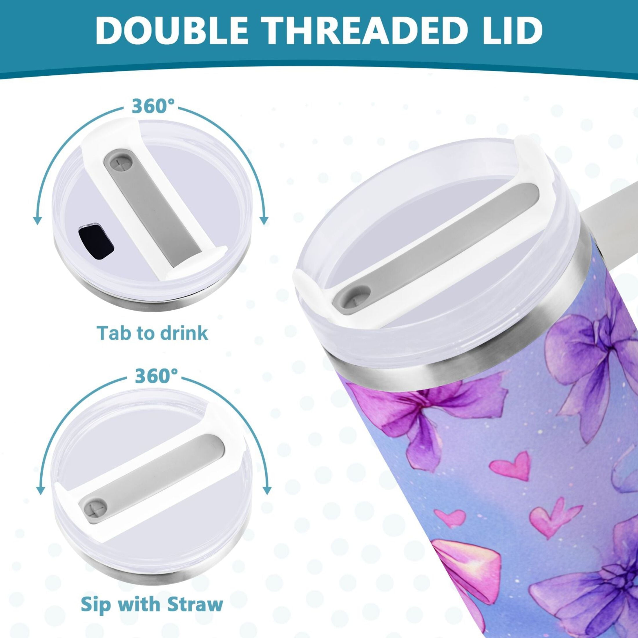 30 oz Insulated Stainless Steel Tumbler Double Wall Stainless Steel Tumbler with 2-Way Drinking Watercolor Bows Pattern - JGDY