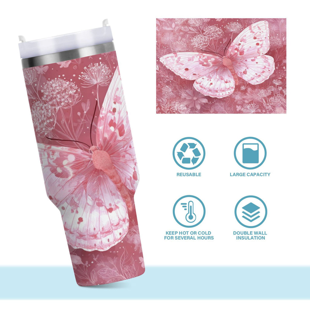 30 oz Insulated Stainless Steel Tumbler Double Wall Stainless Steel Tumbler with 2-Way Drinking Soft Pink Butterfly - 14Y1