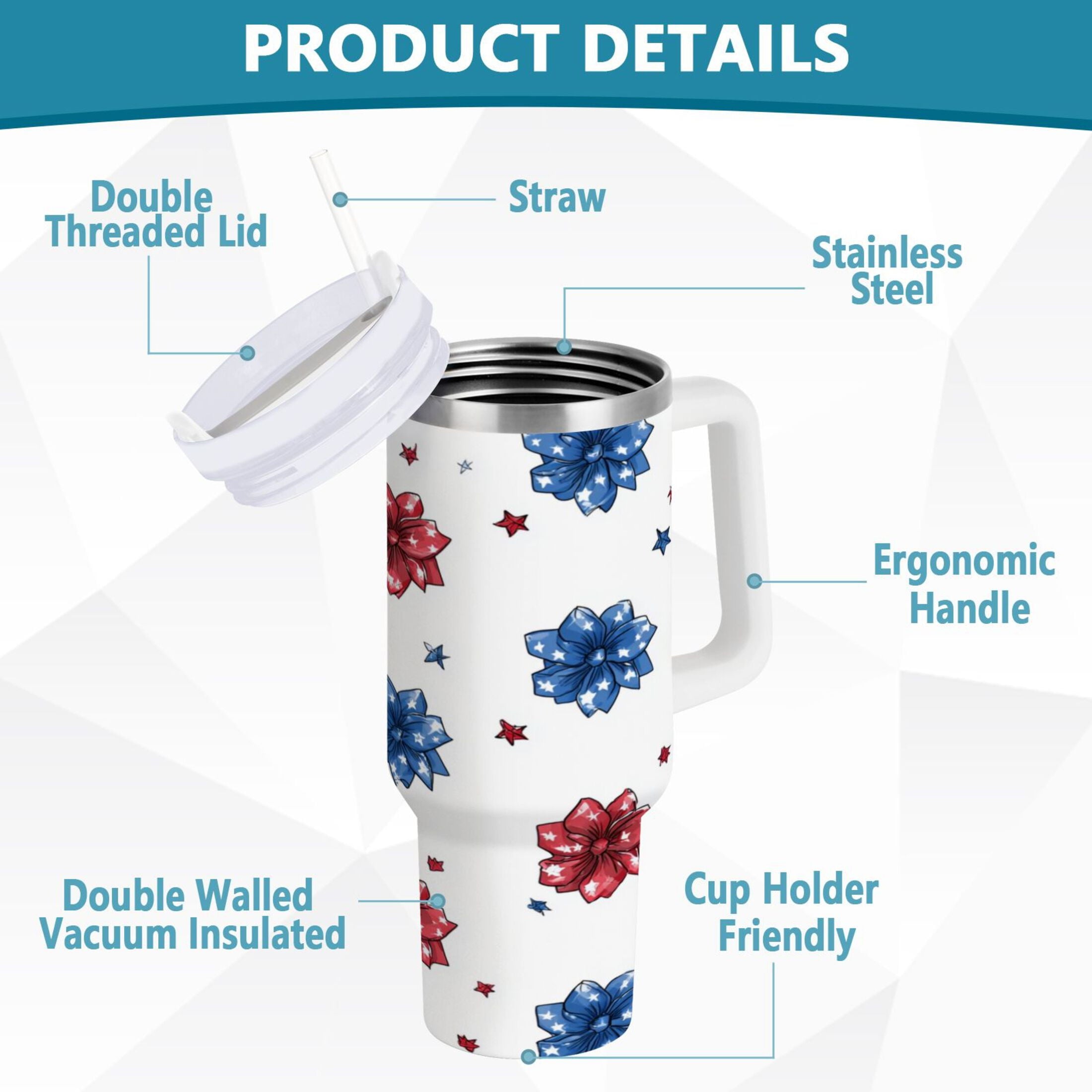 40 oz Insulated Stainless Steel Tumbler Double Wall Stainless Steel Tumbler with 2-Way Drinking Stars and Stripes Puttern Flower - AQA7