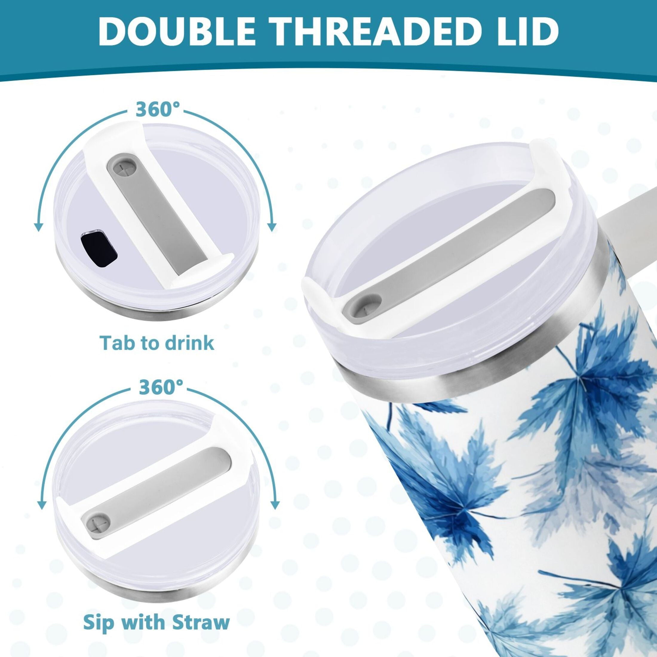 30 oz Insulated Stainless Steel Tumbler Double Wall Stainless Steel Tumbler with 2-Way Drinking Abstract Blue Maple Leaves - AHC6