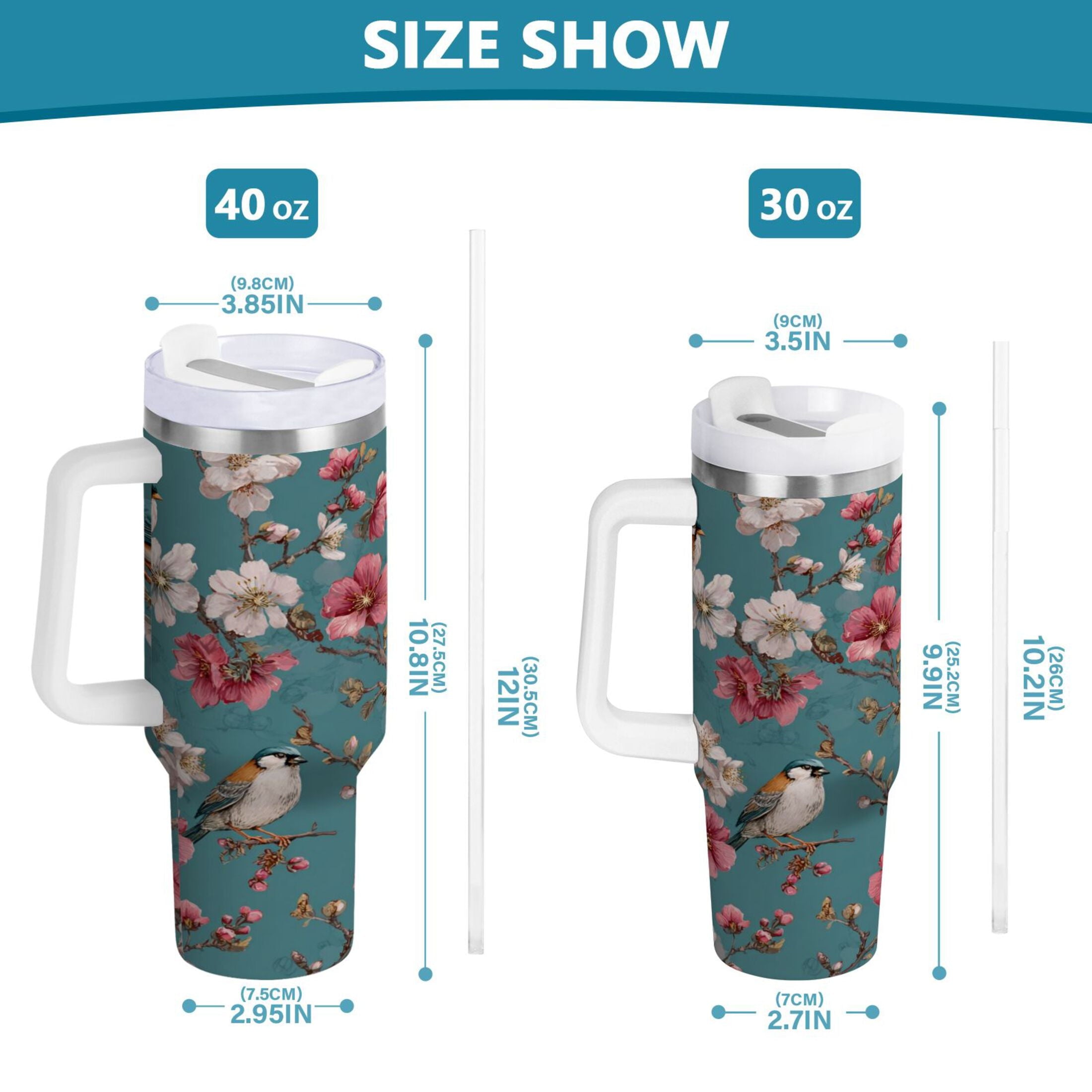 30 oz Insulated Stainless Steel Tumbler Double Wall Stainless Steel Tumbler with 2-Way Drinking Birds and Cherry Pattern - I5FV