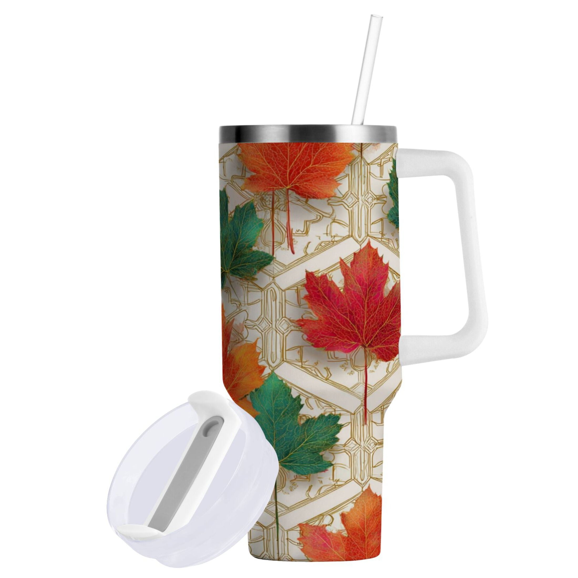 30 oz Insulated Stainless Steel Tumbler Double Wall Stainless Steel Tumbler with 2-Way Drinking Green and Red Maple Leaves - 8TKP