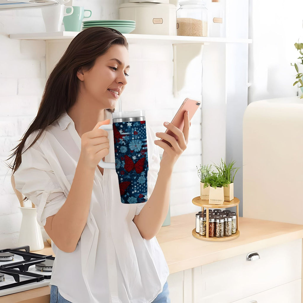 30 oz Insulated Stainless Steel Tumbler Double Wall Stainless Steel Tumbler with 2-Way Drinking Red Butterflies and Flags - Y1GX