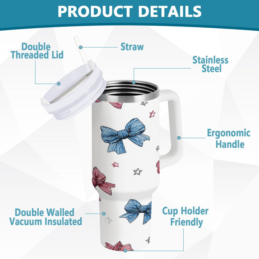 40 oz Insulated Stainless Steel Tumbler Double Wall Stainless Steel Tumbler with 2-Way Drinking Red and Blue Stripes Bows - DNYA