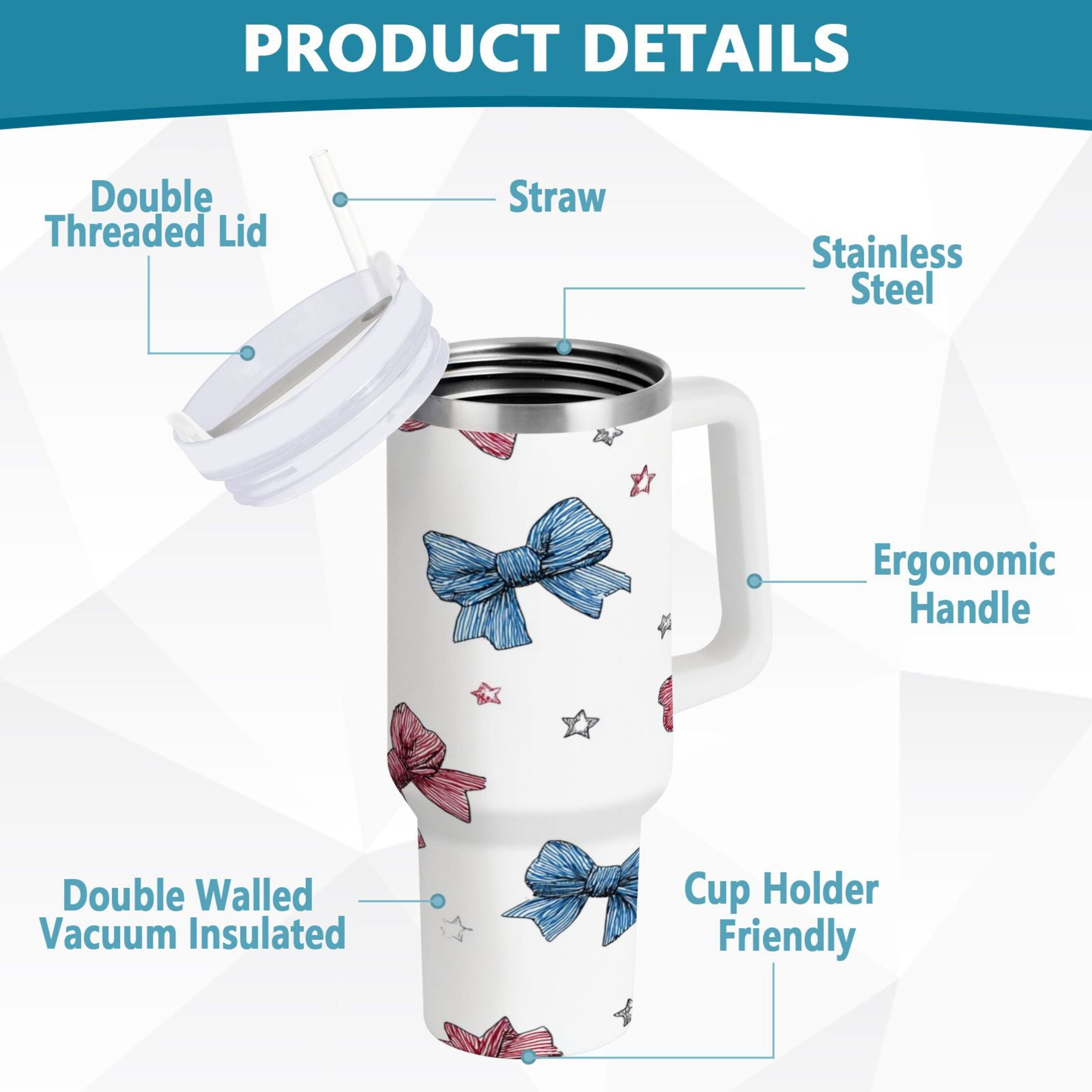 40 oz Insulated Stainless Steel Tumbler Double Wall Stainless Steel Tumbler with 2-Way Drinking Red and Blue Stripes Bows - DNYA
