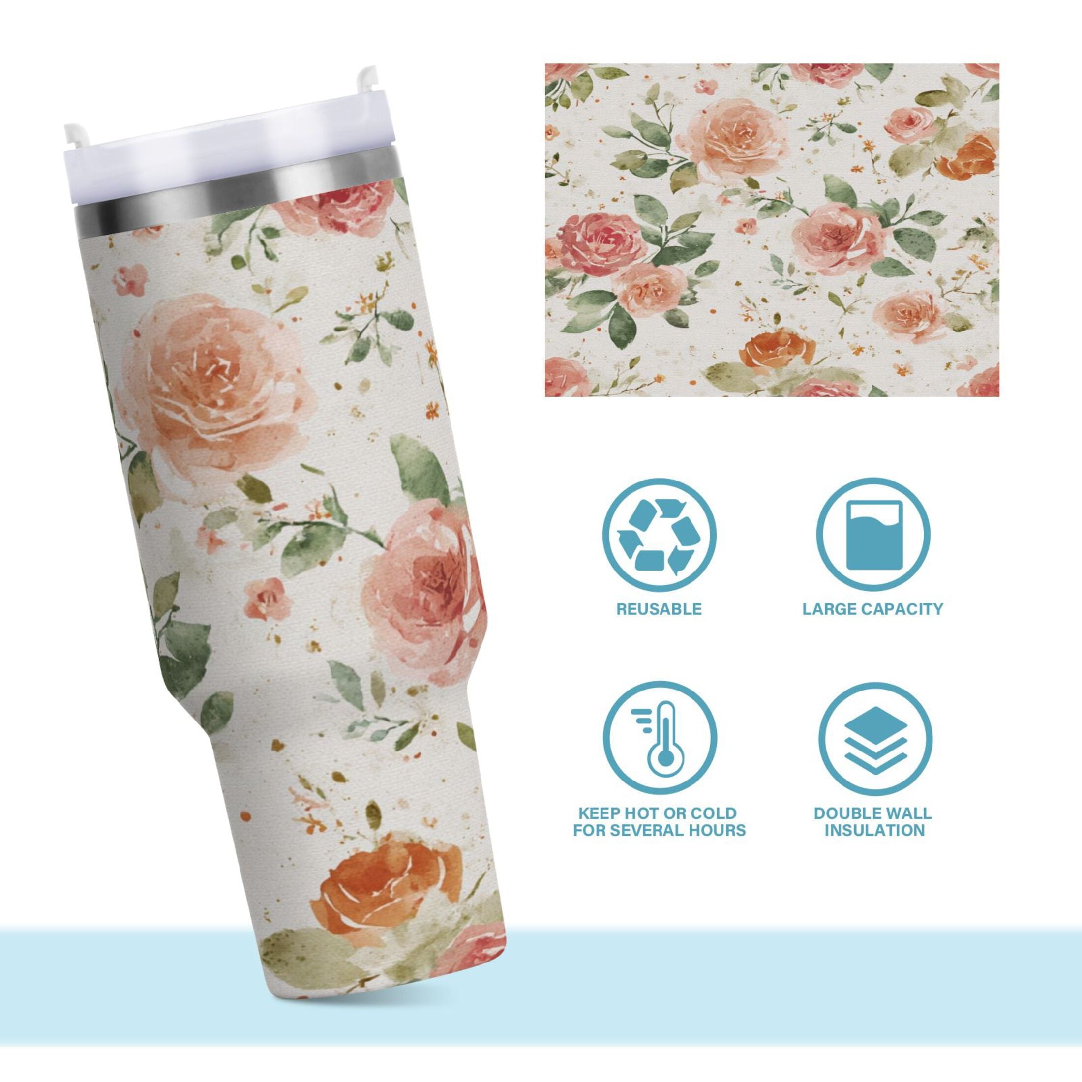 40 oz Insulated Stainless Steel Tumbler Double Wall Stainless Steel Tumbler with 2-Way Drinking Watercolor Rose Floral Pattern - 69D6