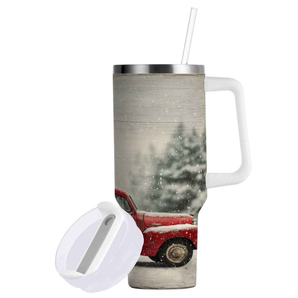 40 oz Insulated Stainless Steel Tumbler Double Wall Stainless Steel Tumbler with 2-Way Drinking Vintage Red Truck - A9OT