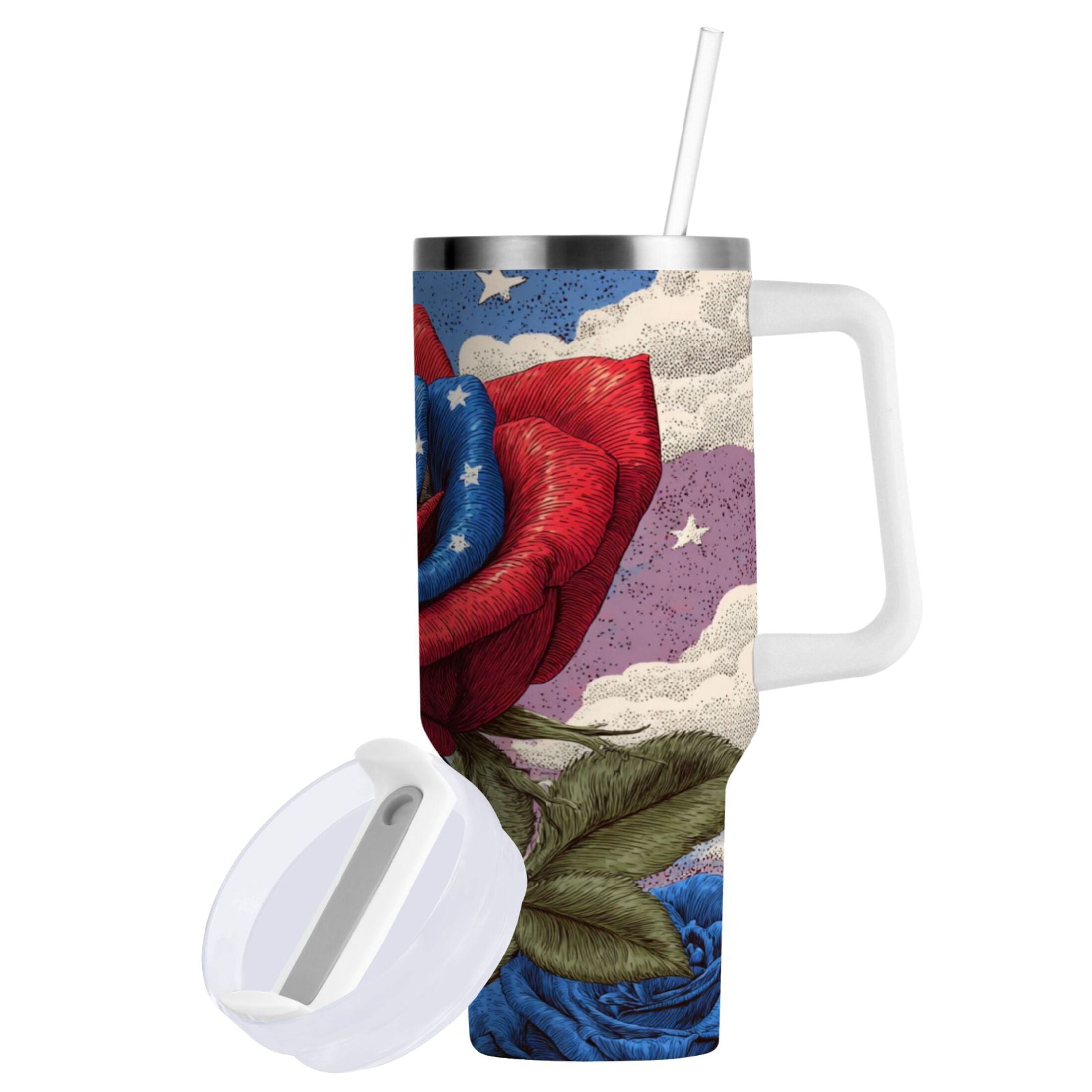 40 oz Insulated Stainless Steel Tumbler Double Wall Stainless Steel Tumbler with 2-Way Drinking Roses and Clouds - CHBA
