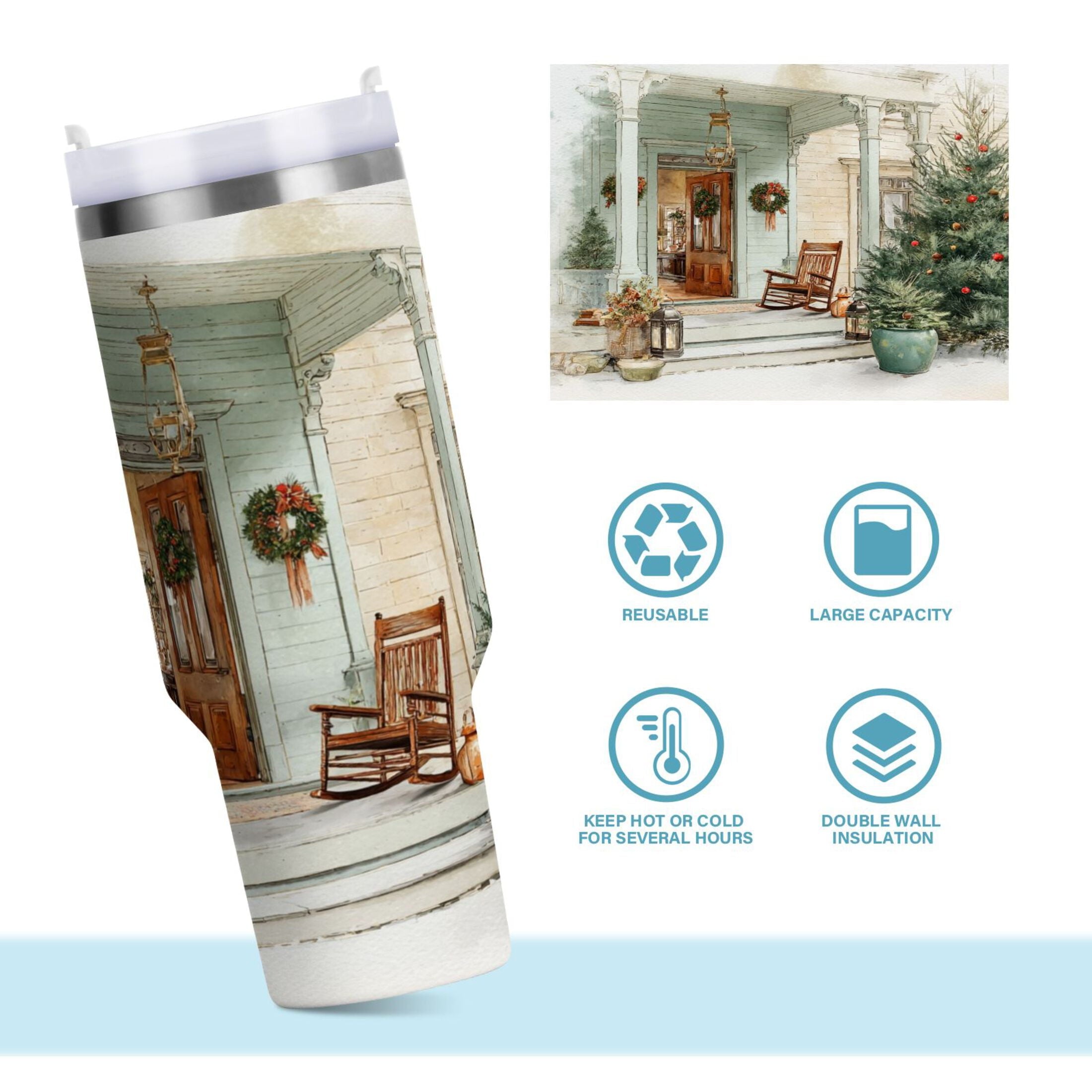 30 oz Insulated Stainless Steel Tumbler Double Wall Stainless Steel Tumbler with 2-Way Drinking Charming Christmas Doorway - G1OZ