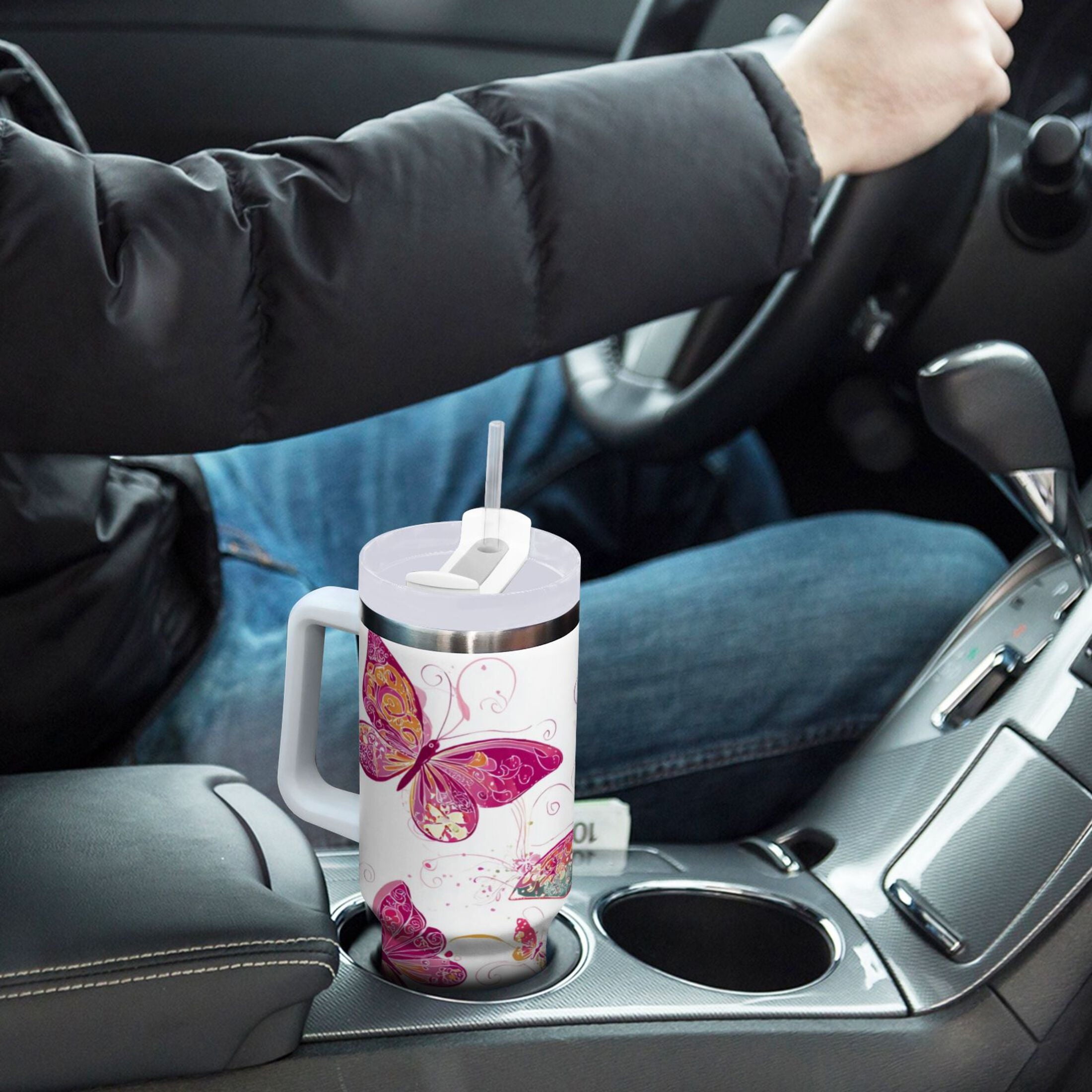 30 oz Insulated Stainless Steel Tumbler Double Wall Stainless Steel Tumbler with 2-Way Drinking Colorful Butterflies - UOAG