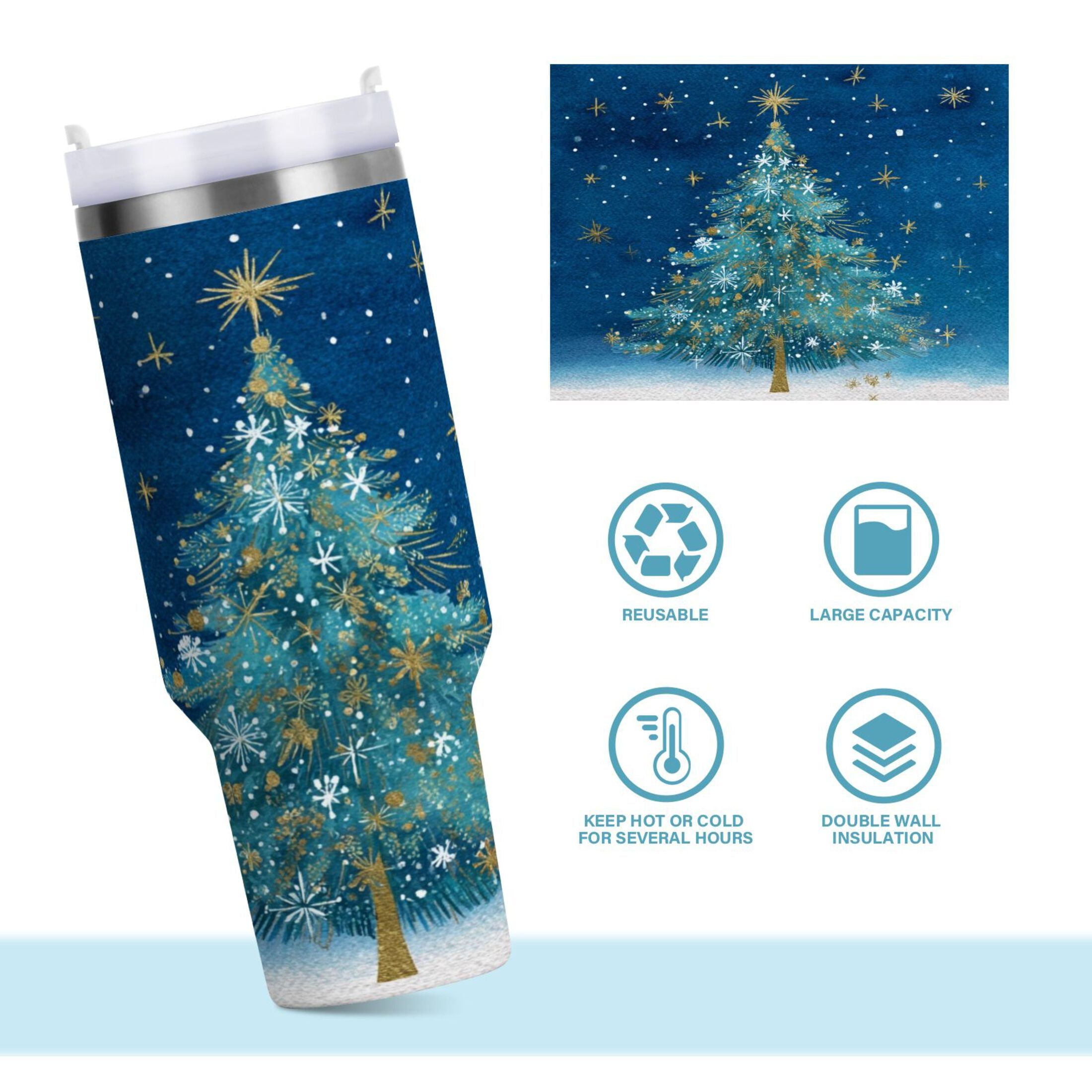 40 oz Insulated Stainless Steel Tumbler Double Wall Stainless Steel Tumbler with 2-Way Drinking Watercolor Christmas Tree - KP7V