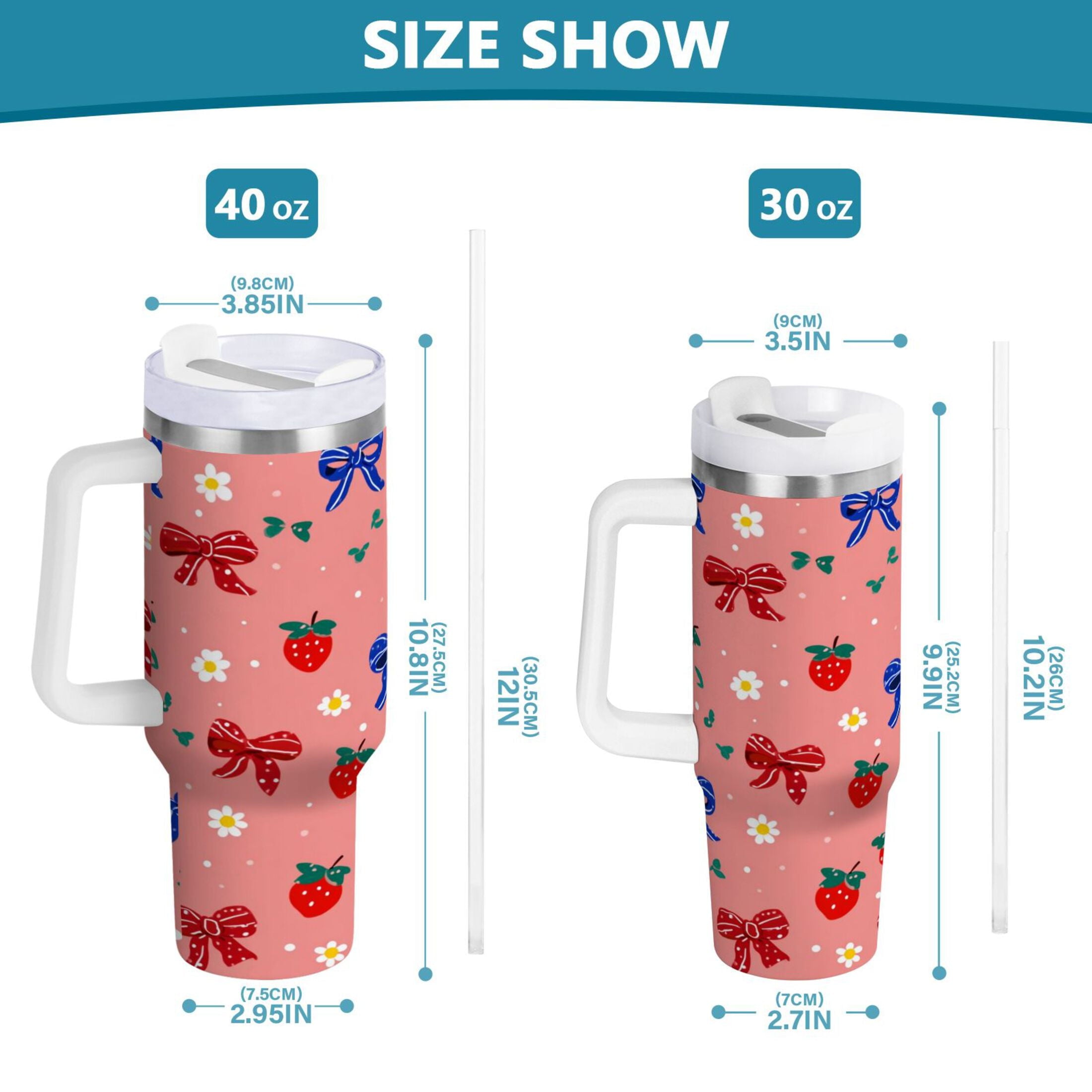 40 oz Insulated Stainless Steel Tumbler Double Wall Stainless Steel Tumbler with 2-Way Drinking Bows and Strawberries Pattern - 4YTT
