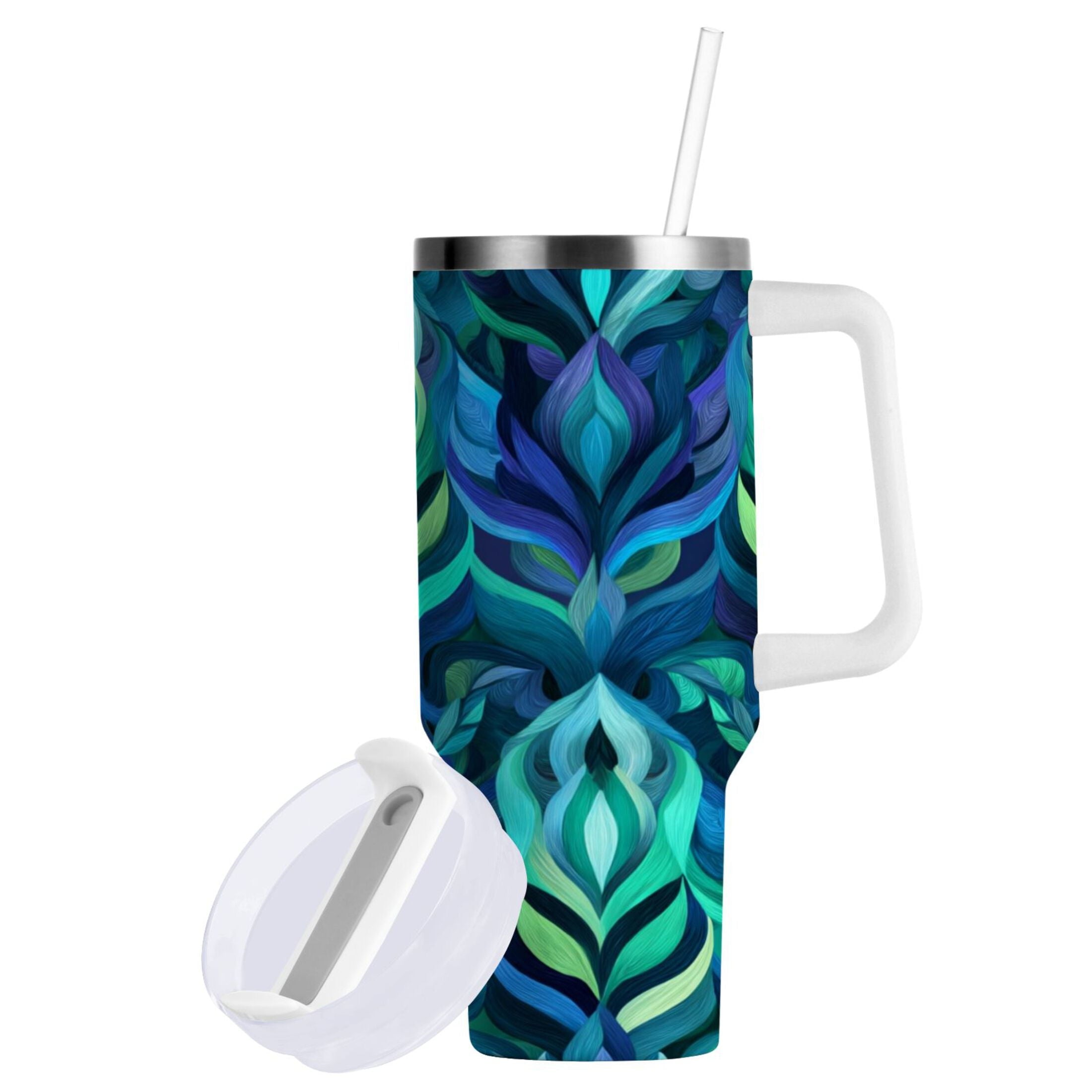 40 oz Insulated Stainless Steel Tumbler Double Wall Stainless Steel Tumbler with 2-Way Drinking Elegant Blue Abstract Shapes - FWFT