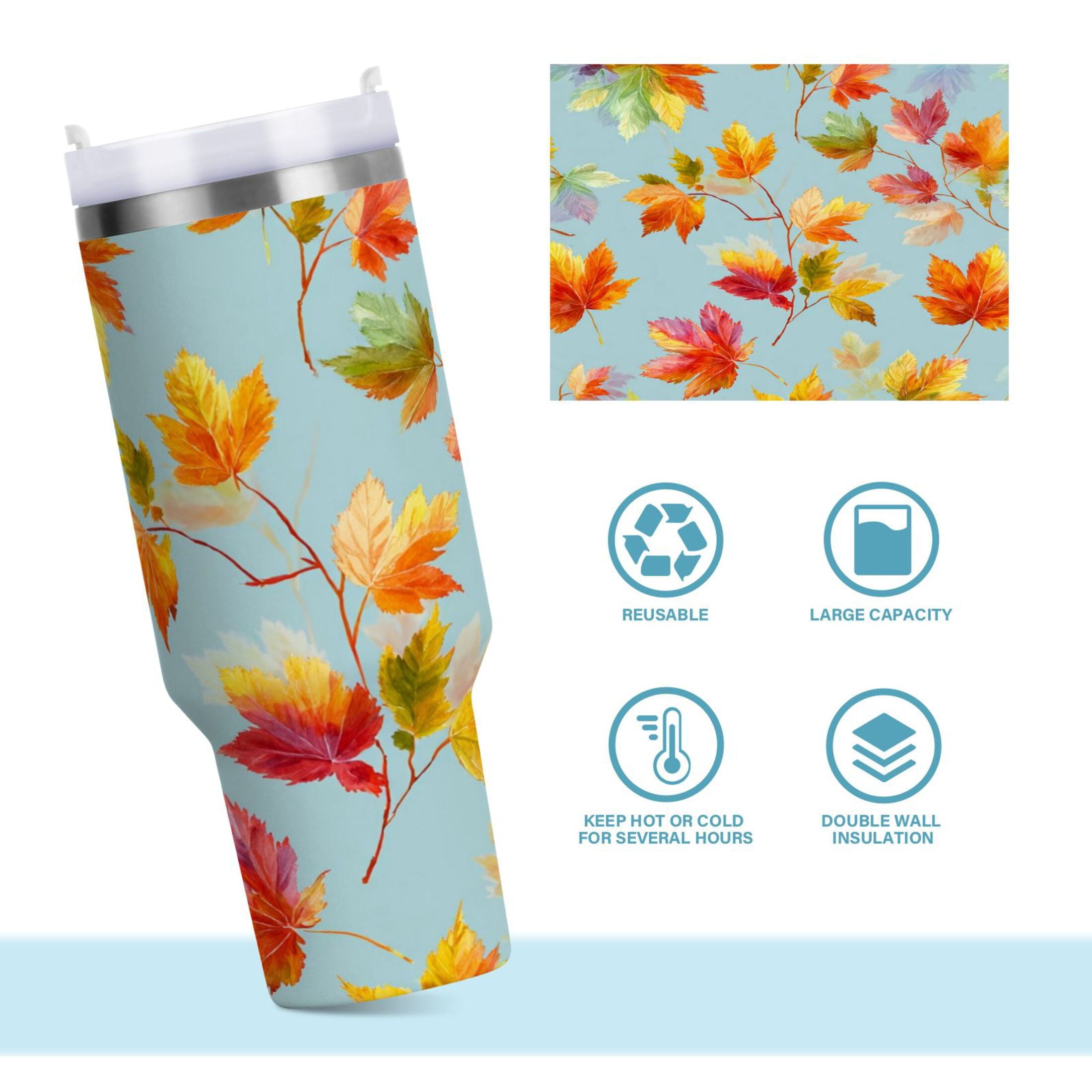 30 oz Insulated Stainless Steel Tumbler Double Wall Stainless Steel Tumbler with 2-Way Drinking Colorful Autumn Maple Leaves - WHKK