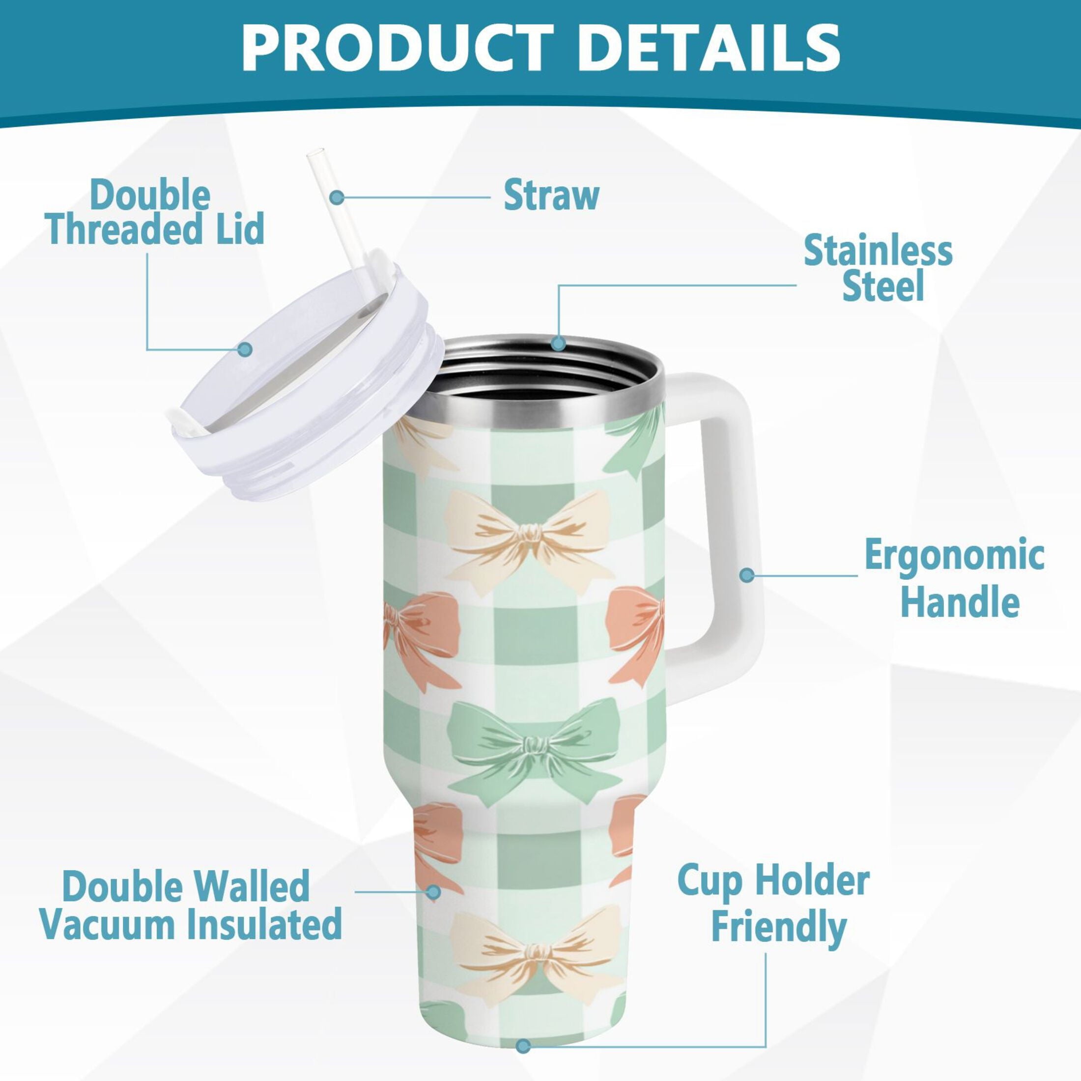 40 oz Insulated Stainless Steel Tumbler Double Wall Stainless Steel Tumbler with 2-Way Drinking Green and Peach Bow Pattern - 194H
