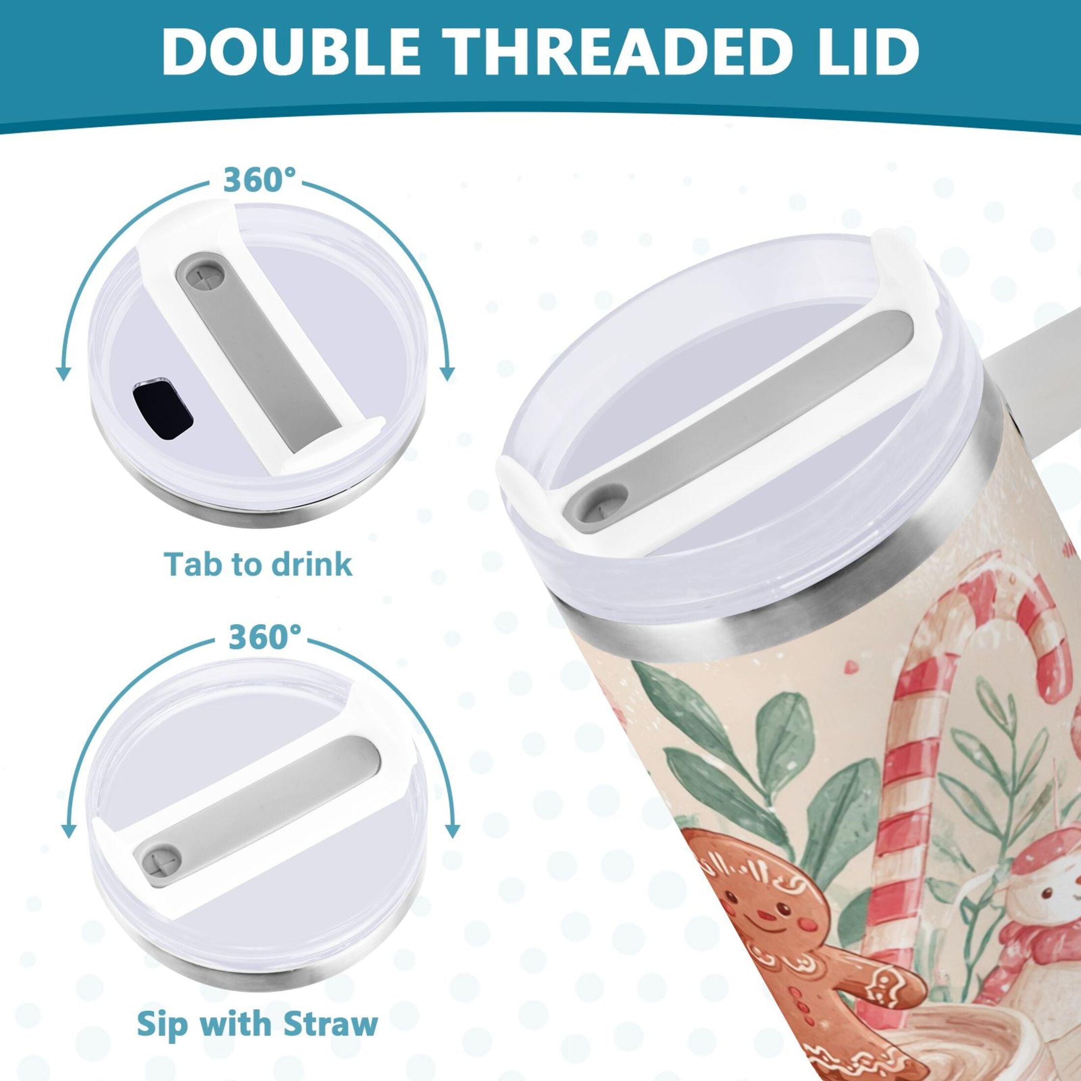 30 oz Insulated Stainless Steel Tumbler Double Wall Stainless Steel Tumbler with 2-Way Drinking Cute Christmas Design - 59Y6