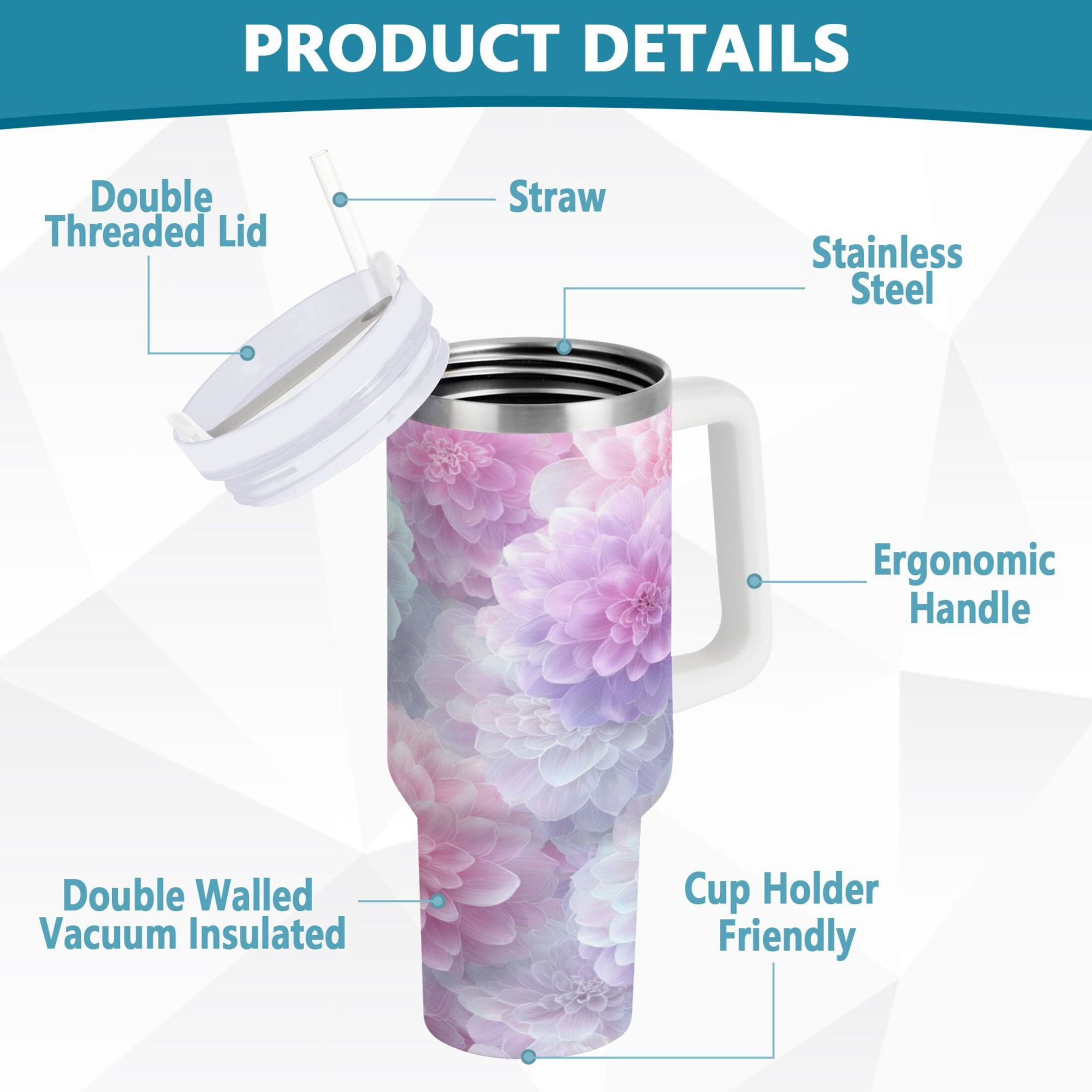 30 oz Insulated Stainless Steel Tumbler Double Wall Stainless Steel Tumbler with 2-Way Drinking Cute Pastel Watercolor Floral - 2I44