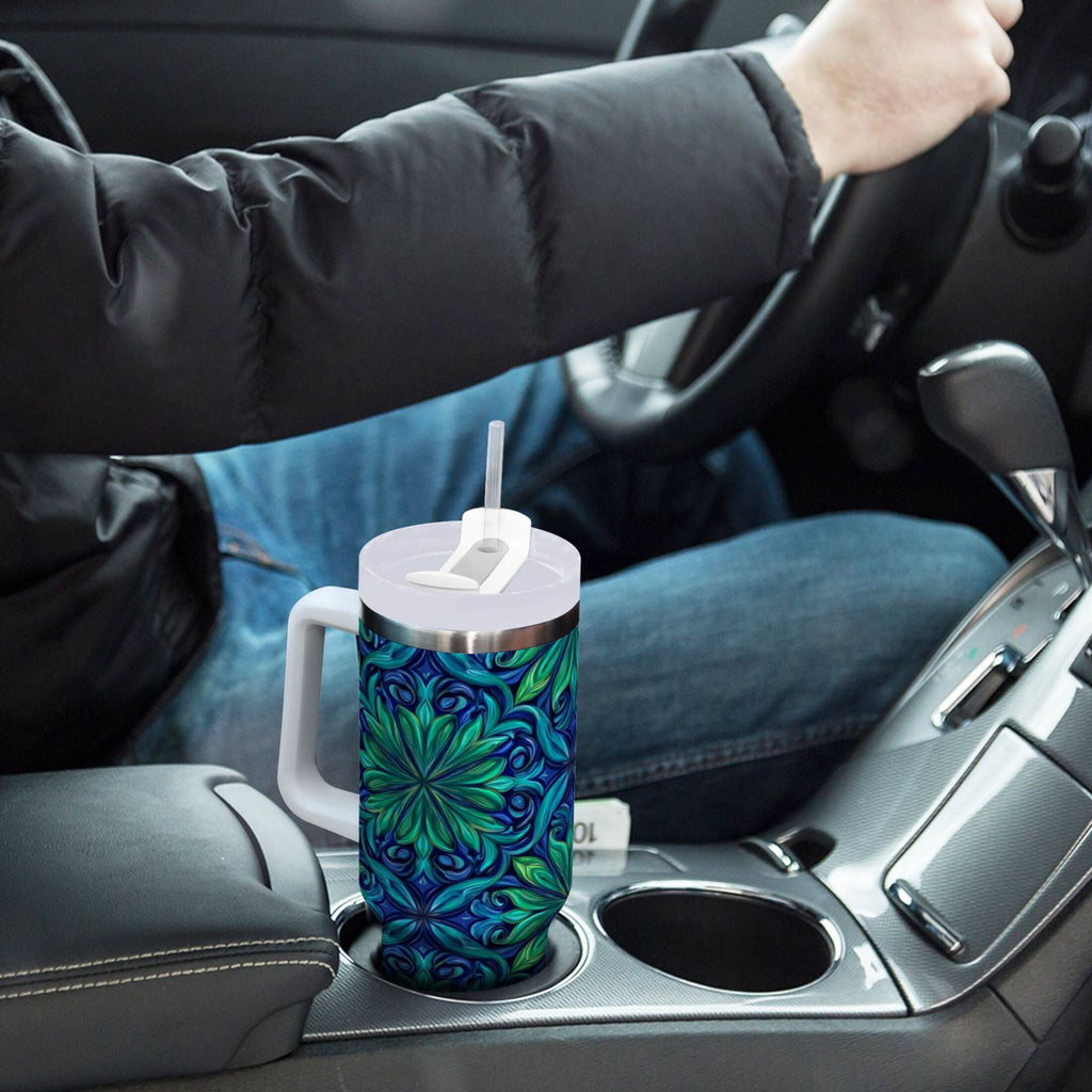 40 oz Insulated Stainless Steel Tumbler Double Wall Stainless Steel Tumbler with 2-Way Drinking Elegant Blue Traditional Patterns - W90O