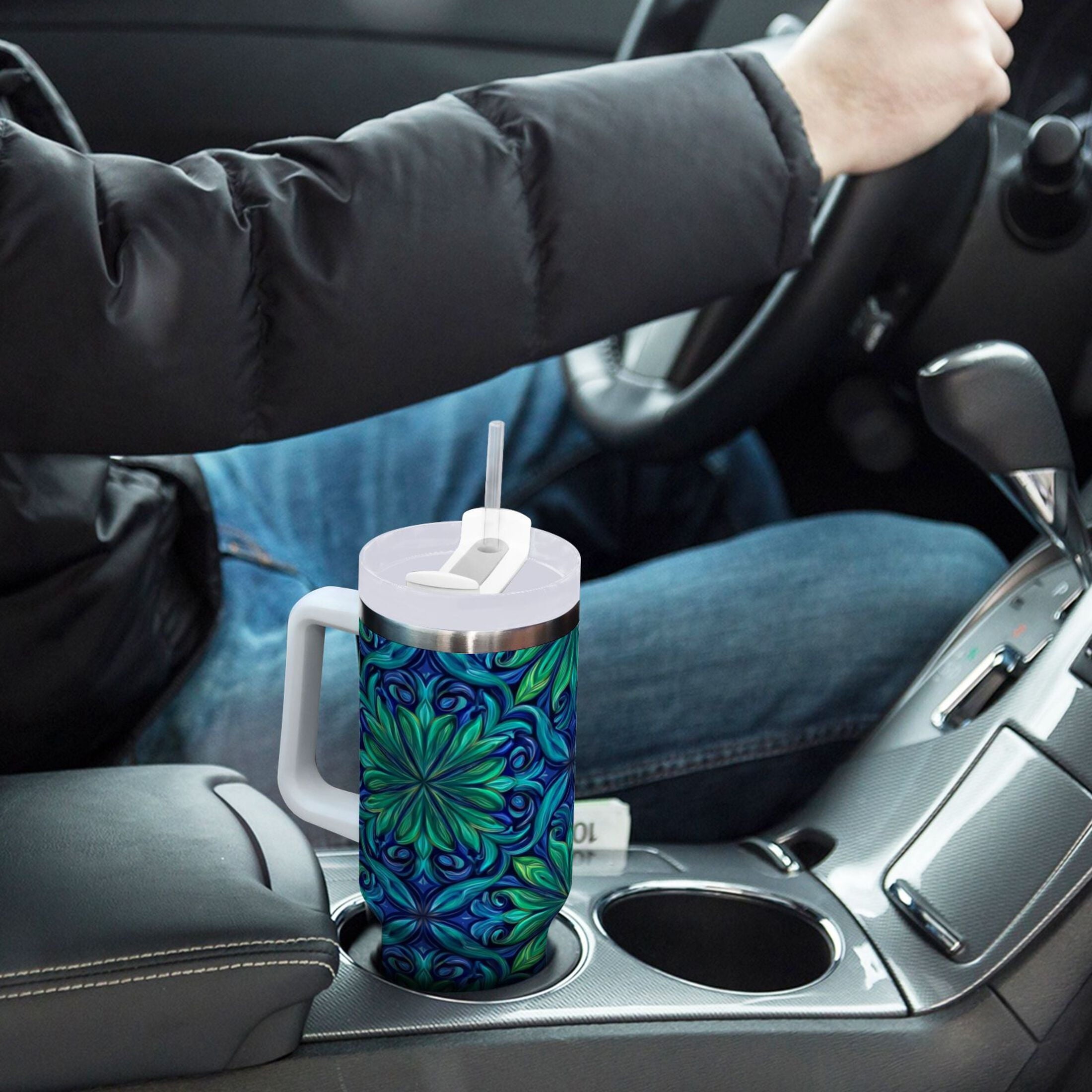 40 oz Insulated Stainless Steel Tumbler Double Wall Stainless Steel Tumbler with 2-Way Drinking Elegant Blue Traditional Patterns - W90O