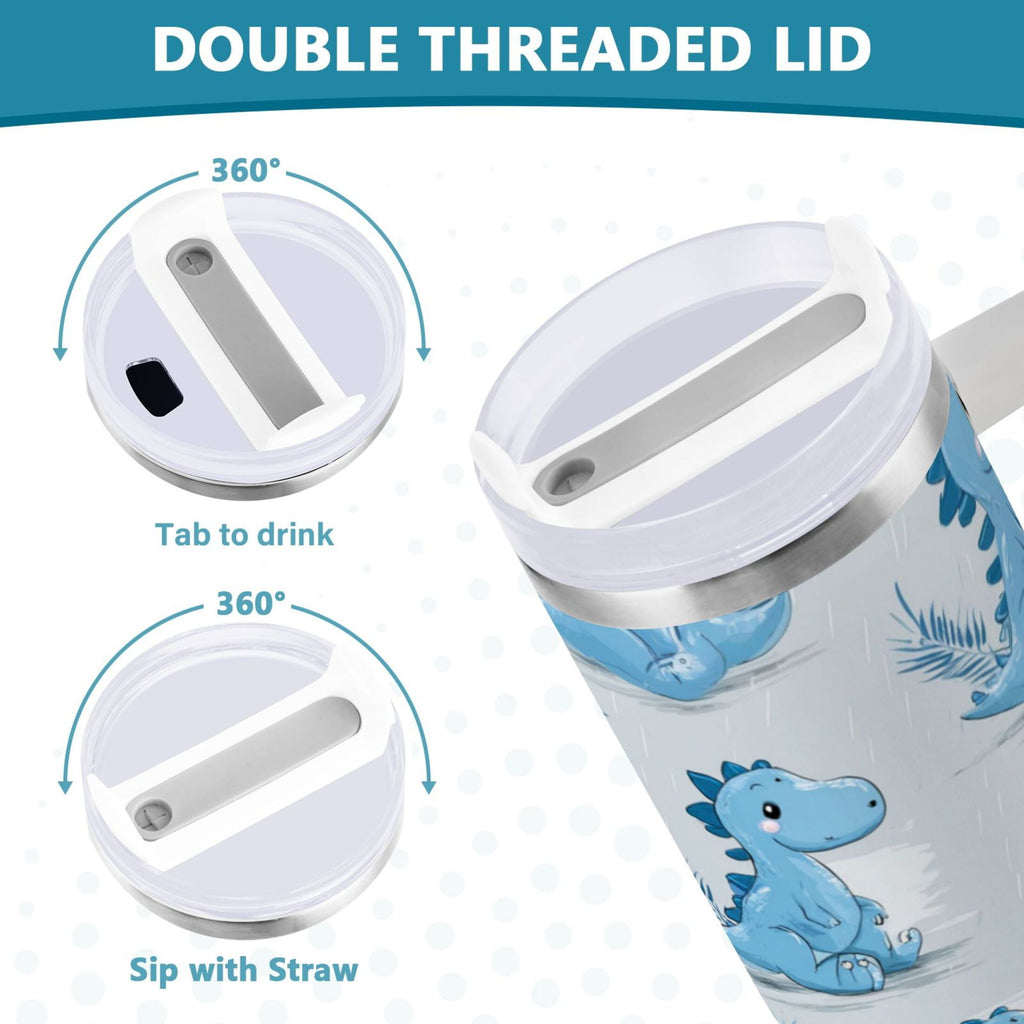 30 oz Insulated Stainless Steel Tumbler Double Wall Stainless Steel Tumbler with 2-Way Drinking Cartoon Blue Dinosaurs - A1AT