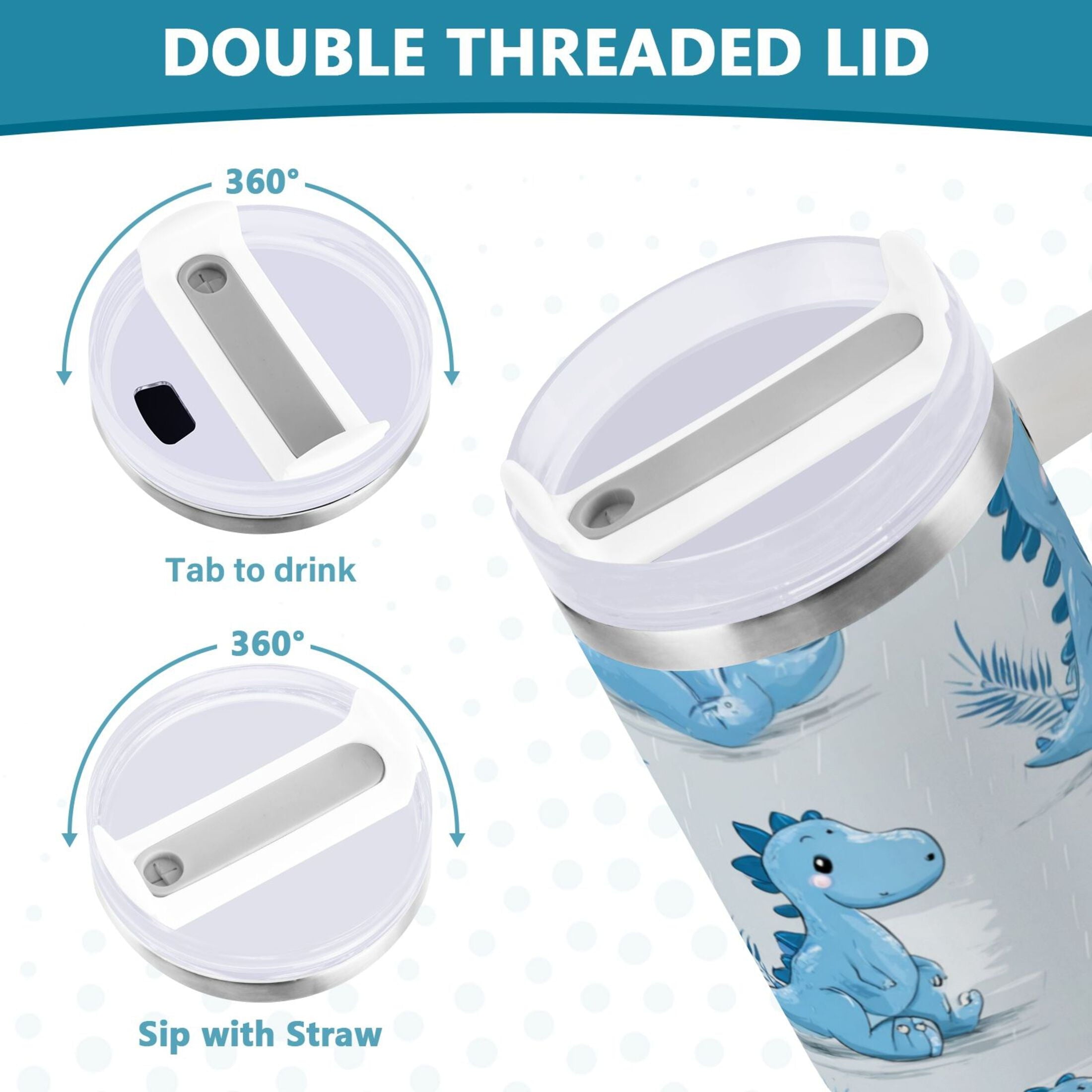 30 oz Insulated Stainless Steel Tumbler Double Wall Stainless Steel Tumbler with 2-Way Drinking Cartoon Blue Dinosaurs - A1AT