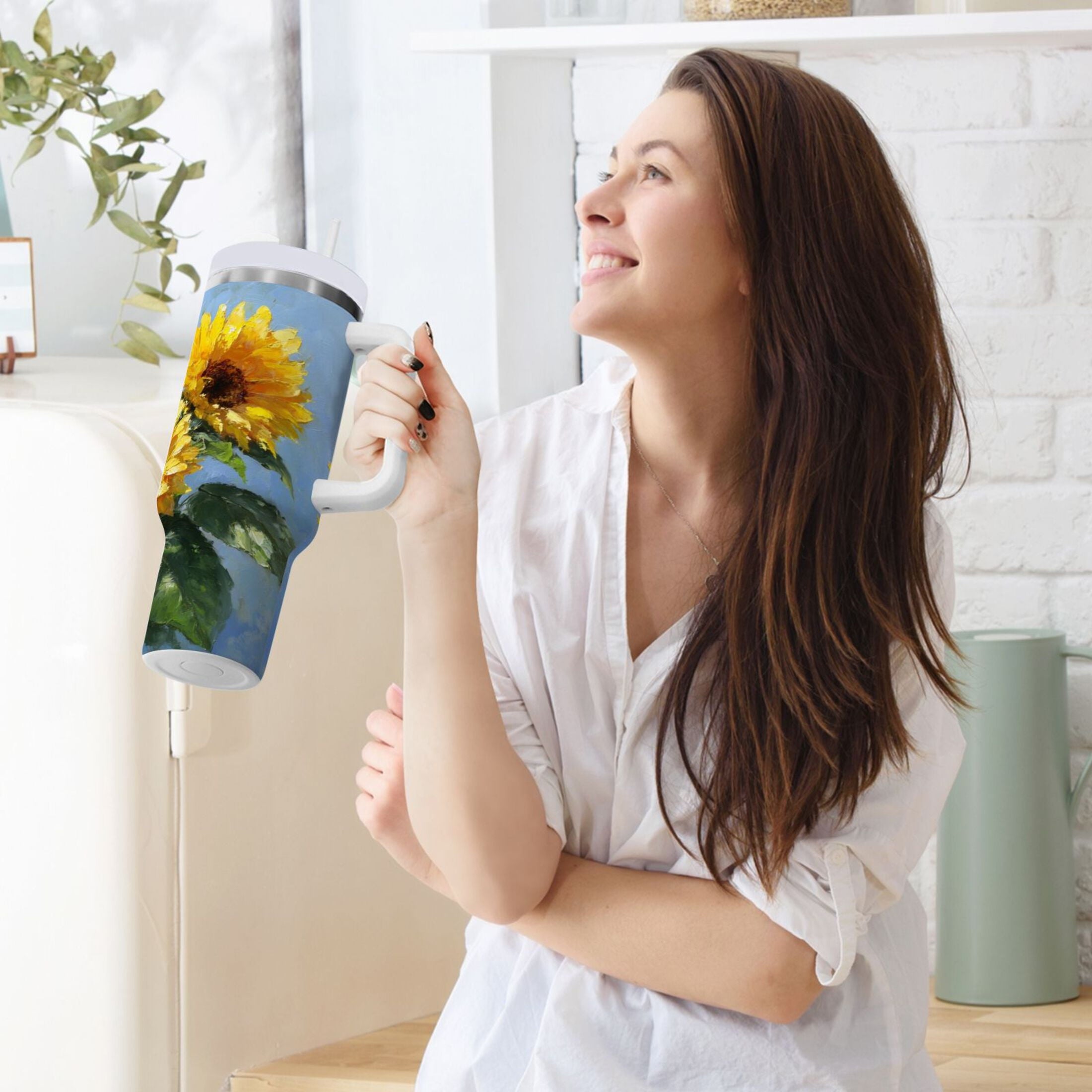 40 oz Insulated Stainless Steel Tumbler Double Wall Stainless Steel Tumbler with 2-Way Drinking Sunflowers Painting - Y4M0
