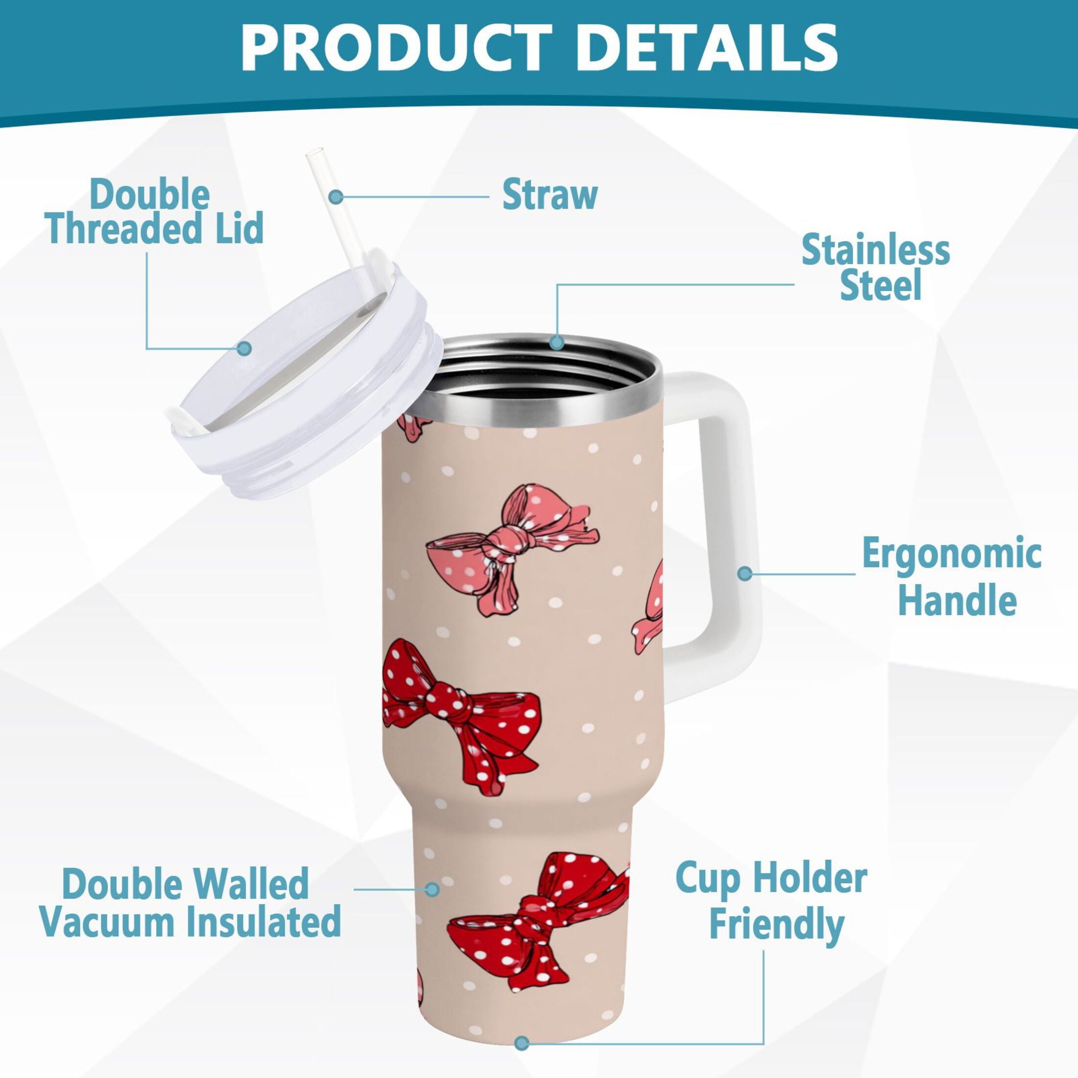30 oz Insulated Stainless Steel Tumbler Double Wall Stainless Steel Tumbler with 2-Way Drinking Cute Red Bows Pattern - 070H