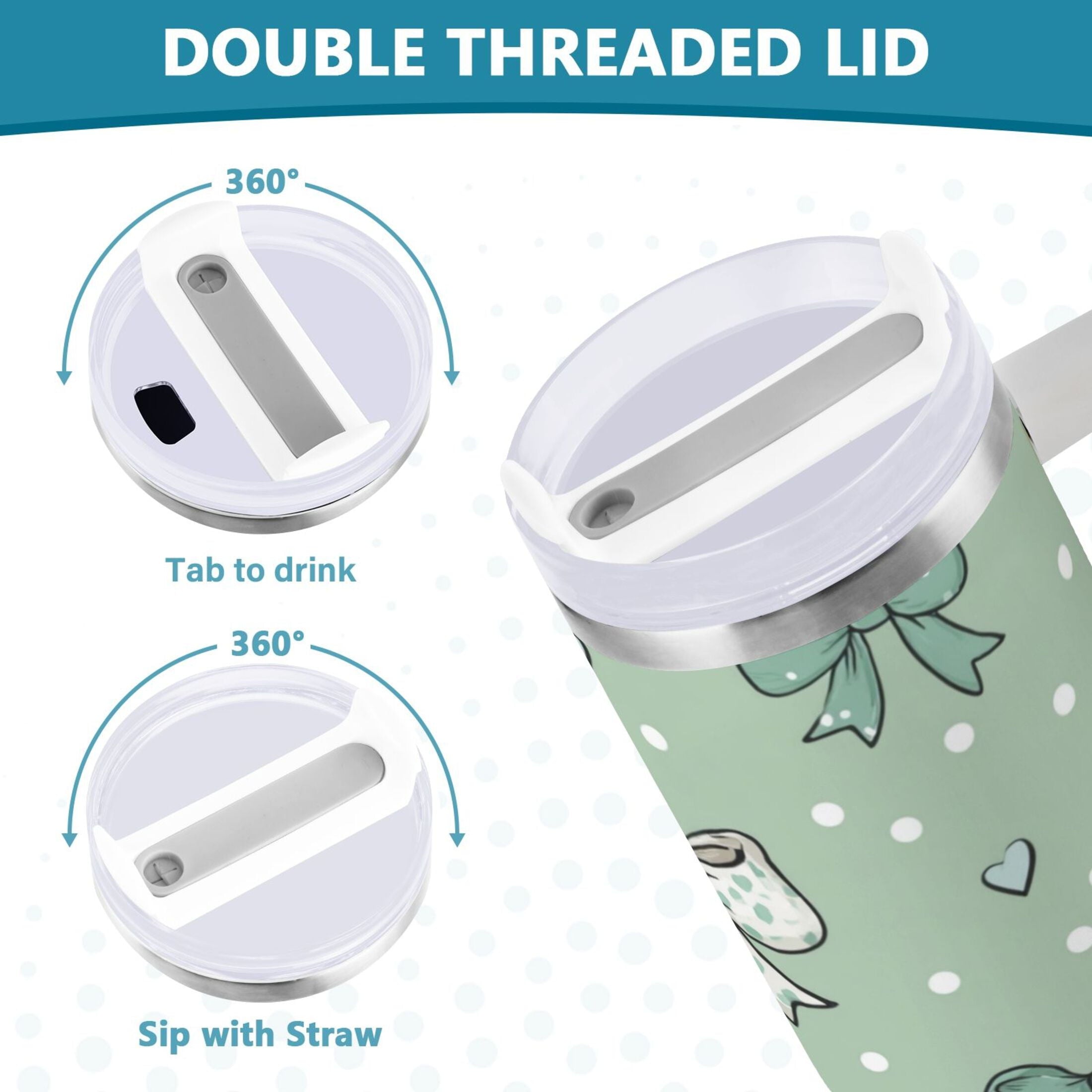 30 oz Insulated Stainless Steel Tumbler Double Wall Stainless Steel Tumbler with 2-Way Drinking Green and Mint Bows - TSSH