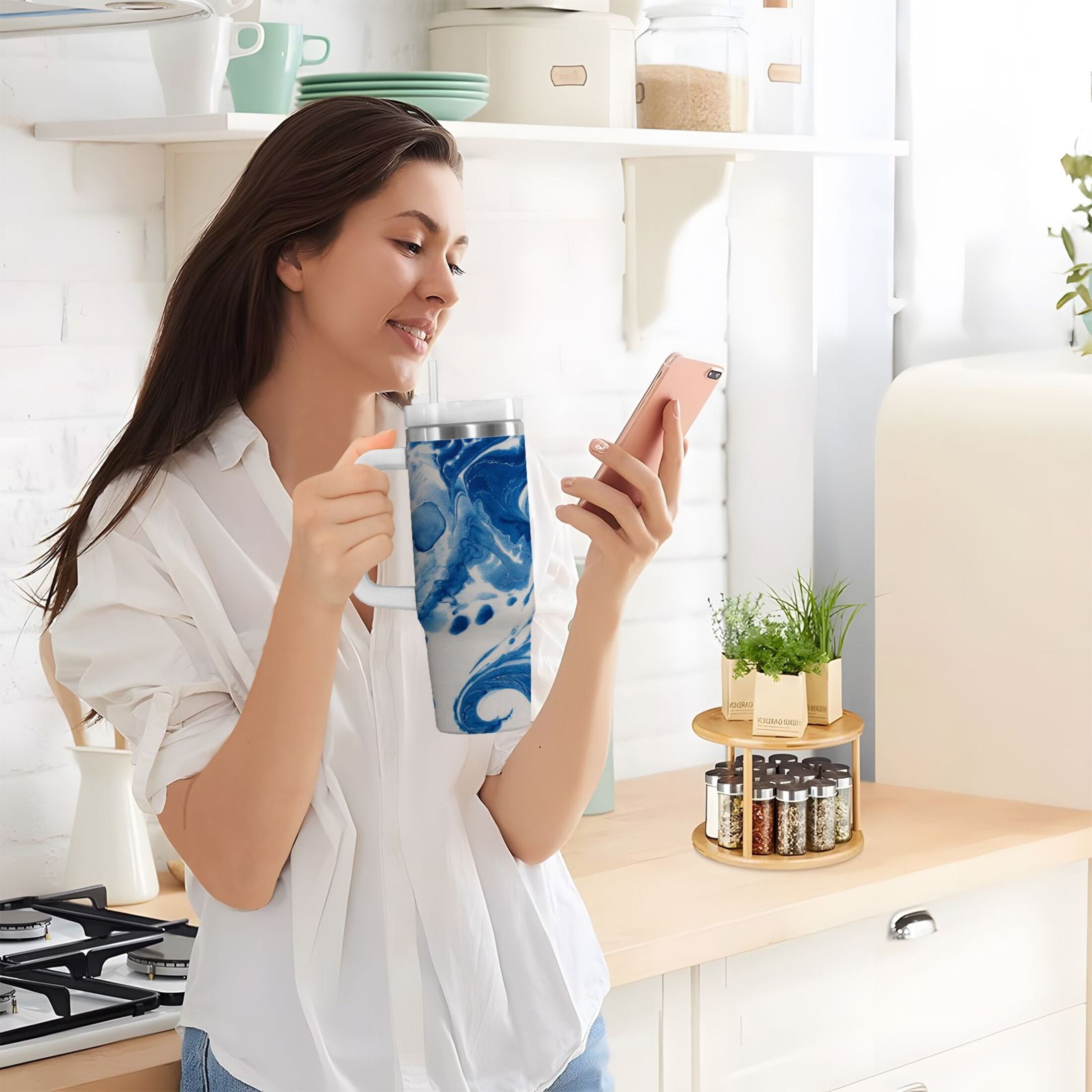 40 oz Insulated Stainless Steel Tumbler Double Wall Stainless Steel Tumbler with 2-Way Drinking Indigo Blue Tie-dye Pattern - AU7X