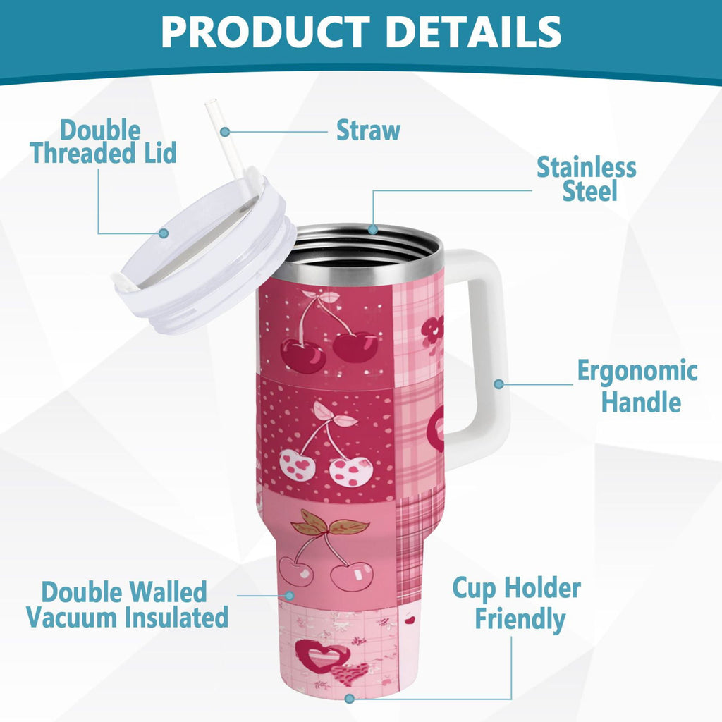 30 oz Insulated Stainless Steel Tumbler Double Wall Stainless Steel Tumbler with 2-Way Drinking Cherry Pattern with Bows - DQ2J