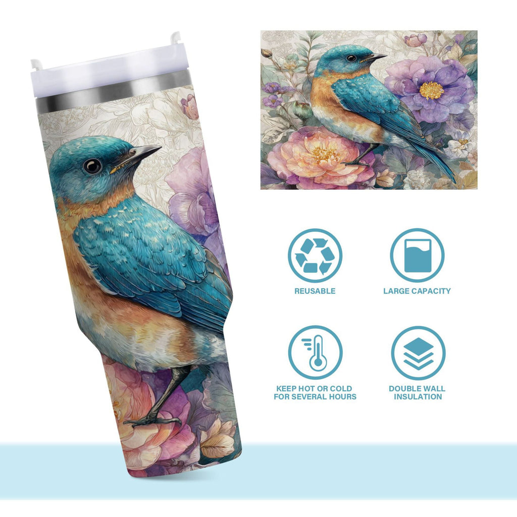 30 oz Insulated Stainless Steel Tumbler Double Wall Stainless Steel Tumbler with 2-Way Drinking Bluebird and Flower - NPKB