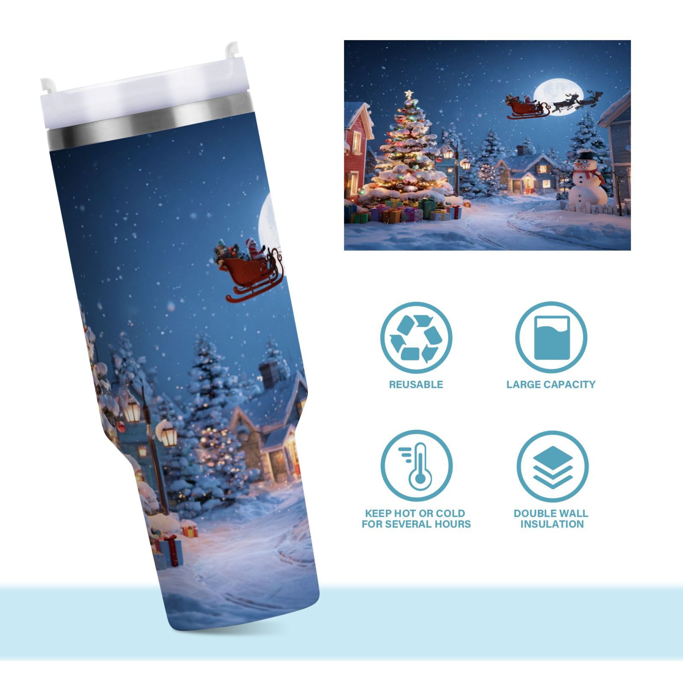 30 oz Insulated Stainless Steel Tumbler Double Wall Stainless Steel Tumbler with 2-Way Drinking Christmas Night Scene - DI8D