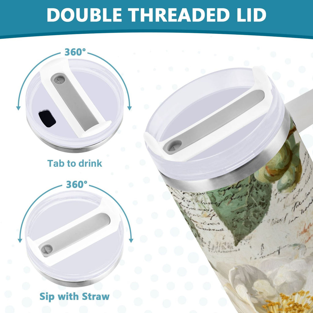 40 oz Insulated Stainless Steel Tumbler Double Wall Stainless Steel Tumbler with 2-Way Drinking Vintage White Camellias - ULA6