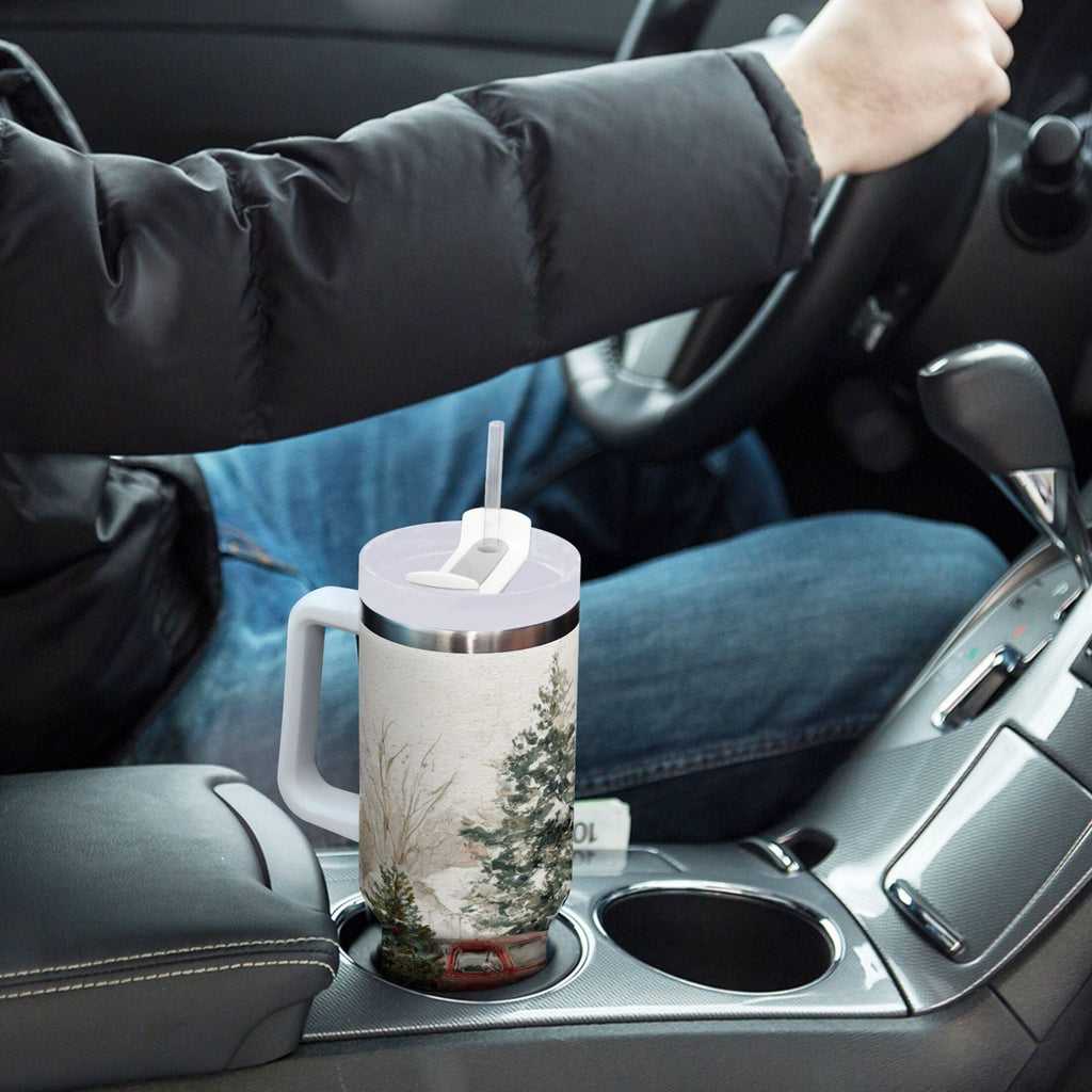 30 oz Insulated Stainless Steel Tumbler Double Wall Stainless Steel Tumbler with 2-Way Drinking Truck with Christmas Decorations - F1JV