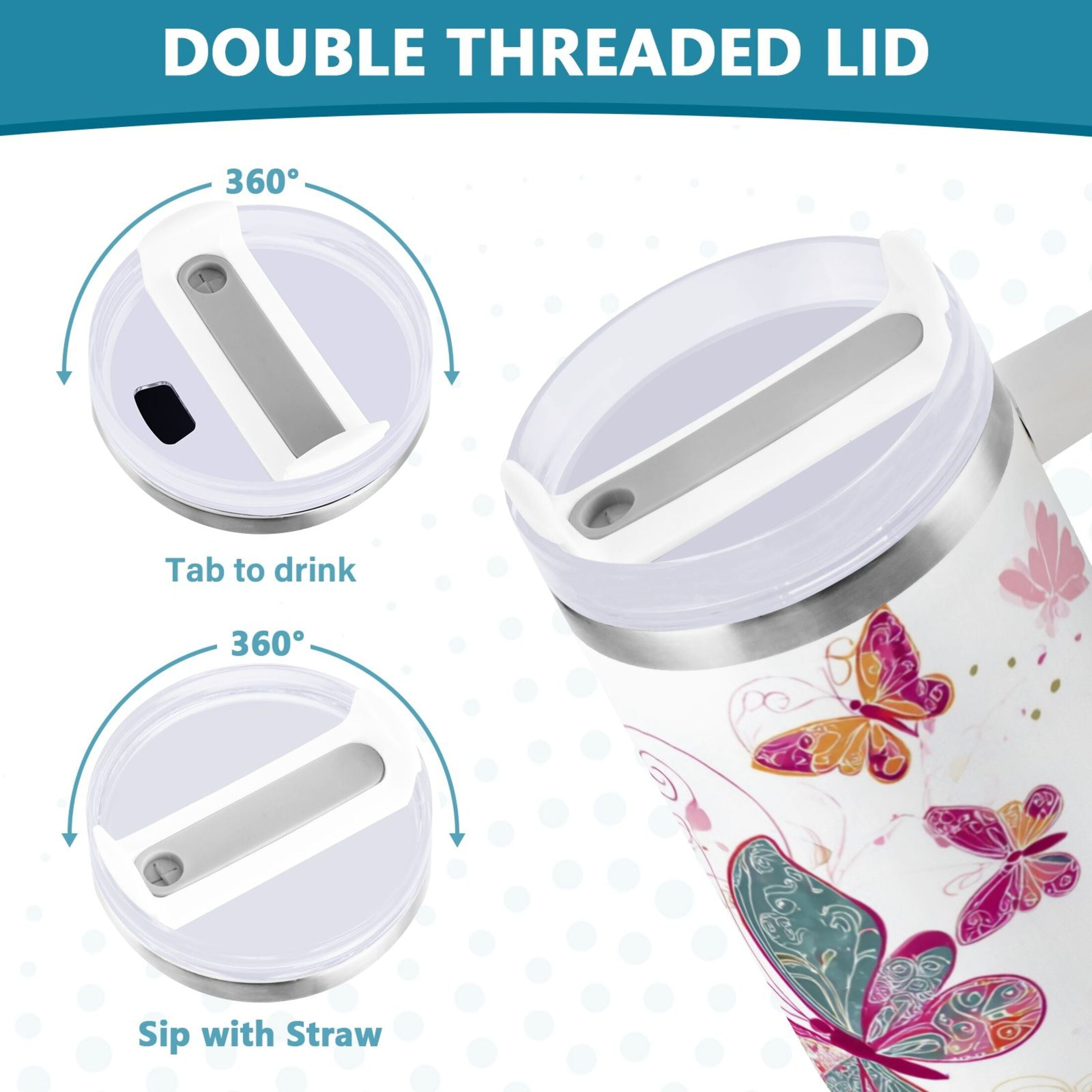 30 oz Insulated Stainless Steel Tumbler Double Wall Stainless Steel Tumbler with 2-Way Drinking Colorful Butterflies - UOAG