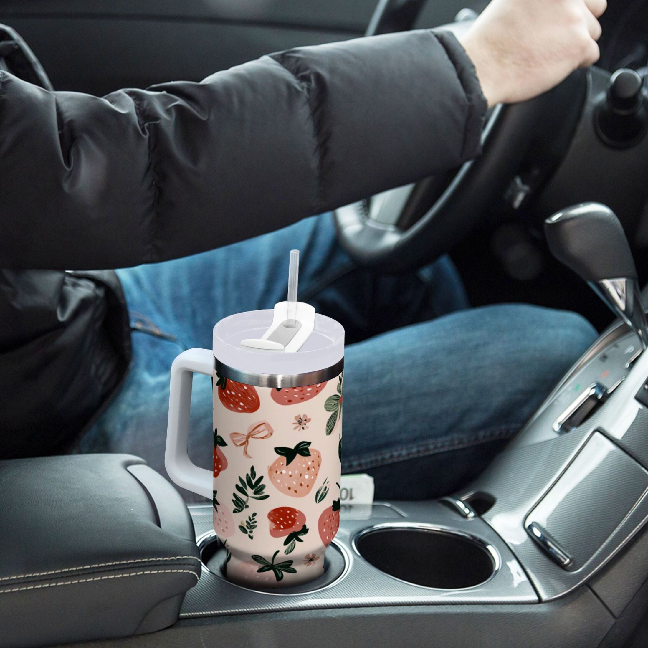 30 oz Insulated Stainless Steel Tumbler Double Wall Stainless Steel Tumbler with 2-Way Drinking Cute Pinks Strawberries - LON2
