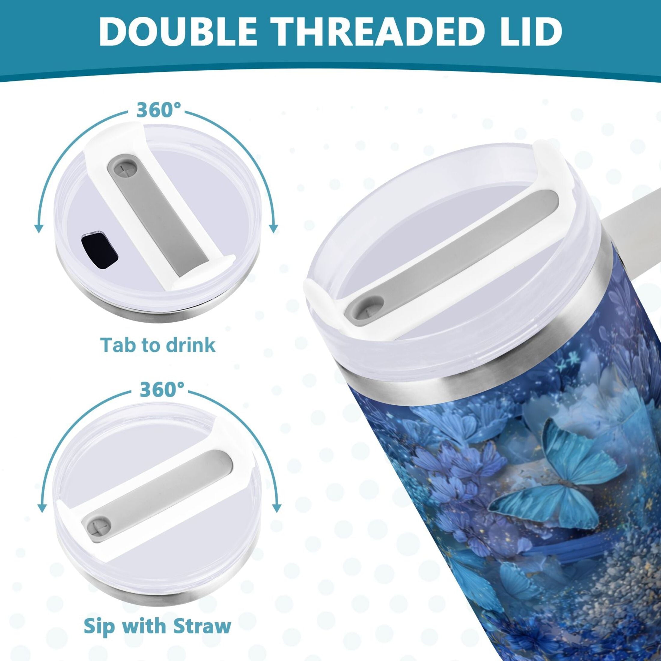 30 oz Insulated Stainless Steel Tumbler Double Wall Stainless Steel Tumbler with 2-Way Drinking Butterflies Books and Flowers - KJUM