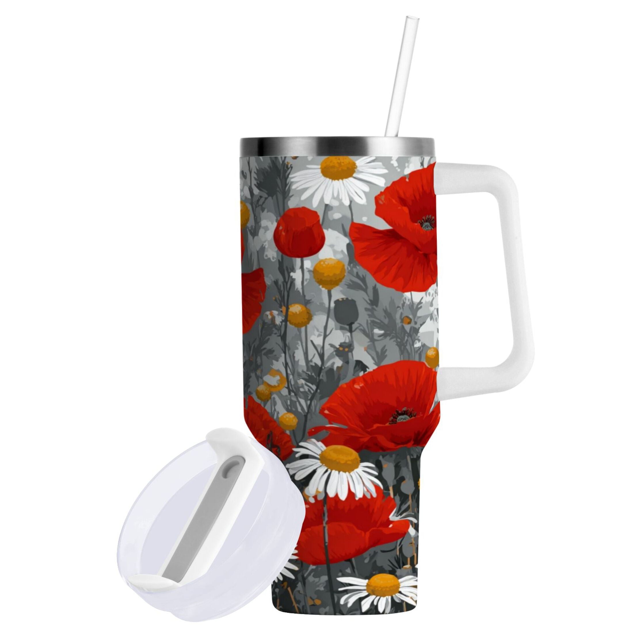 40 oz Insulated Stainless Steel Tumbler Double Wall Stainless Steel Tumbler with 2-Way Drinking Red Flowers and Daisies - RBEA