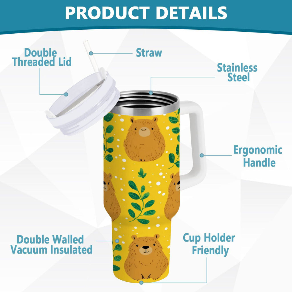 30 oz Insulated Stainless Steel Tumbler Double Wall Stainless Steel Tumbler with 2-Way Drinking Capybara and Green Leaves - VC8M