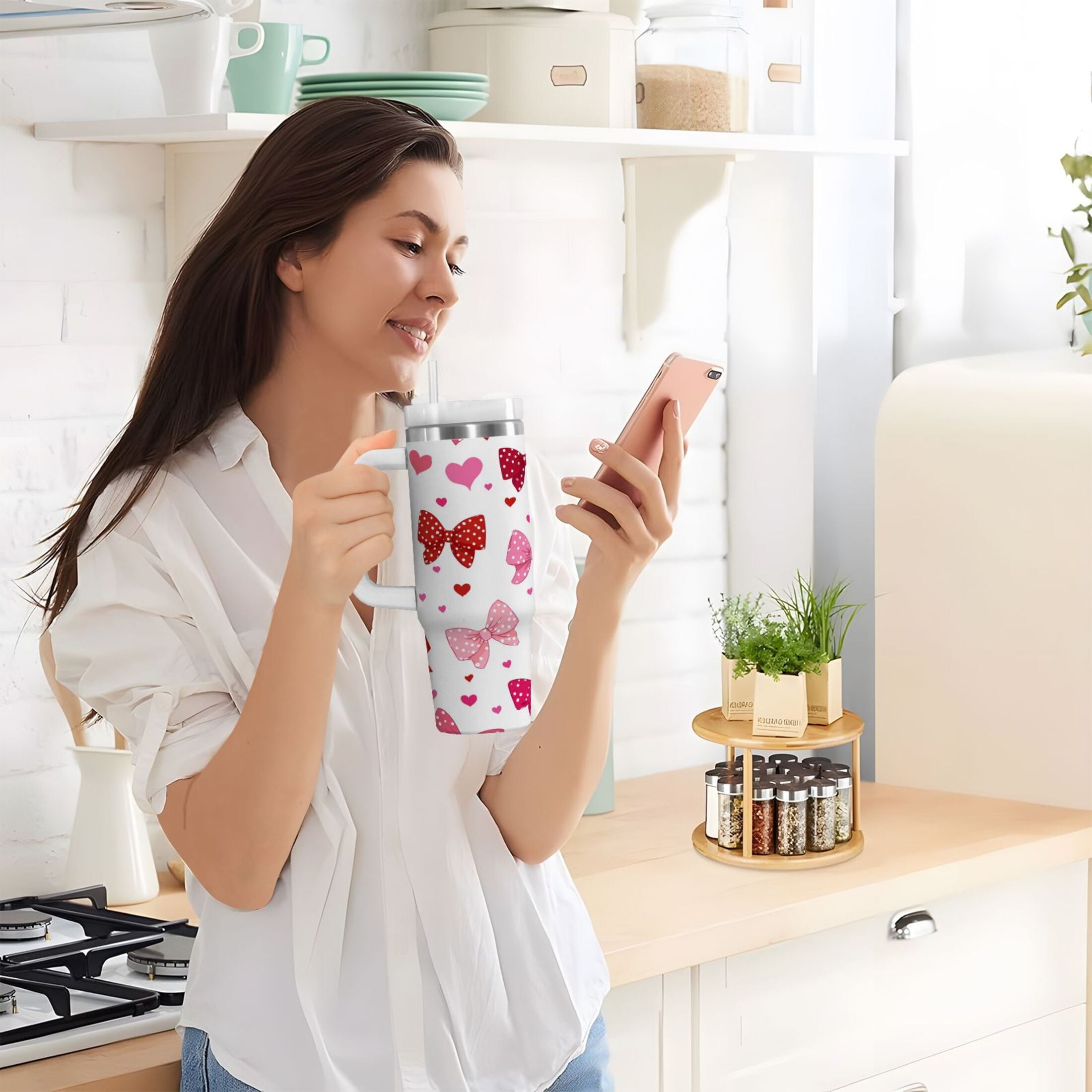30 oz Insulated Stainless Steel Tumbler Double Wall Stainless Steel Tumbler with 2-Way Drinking Red and Pink Bows - MYYZ