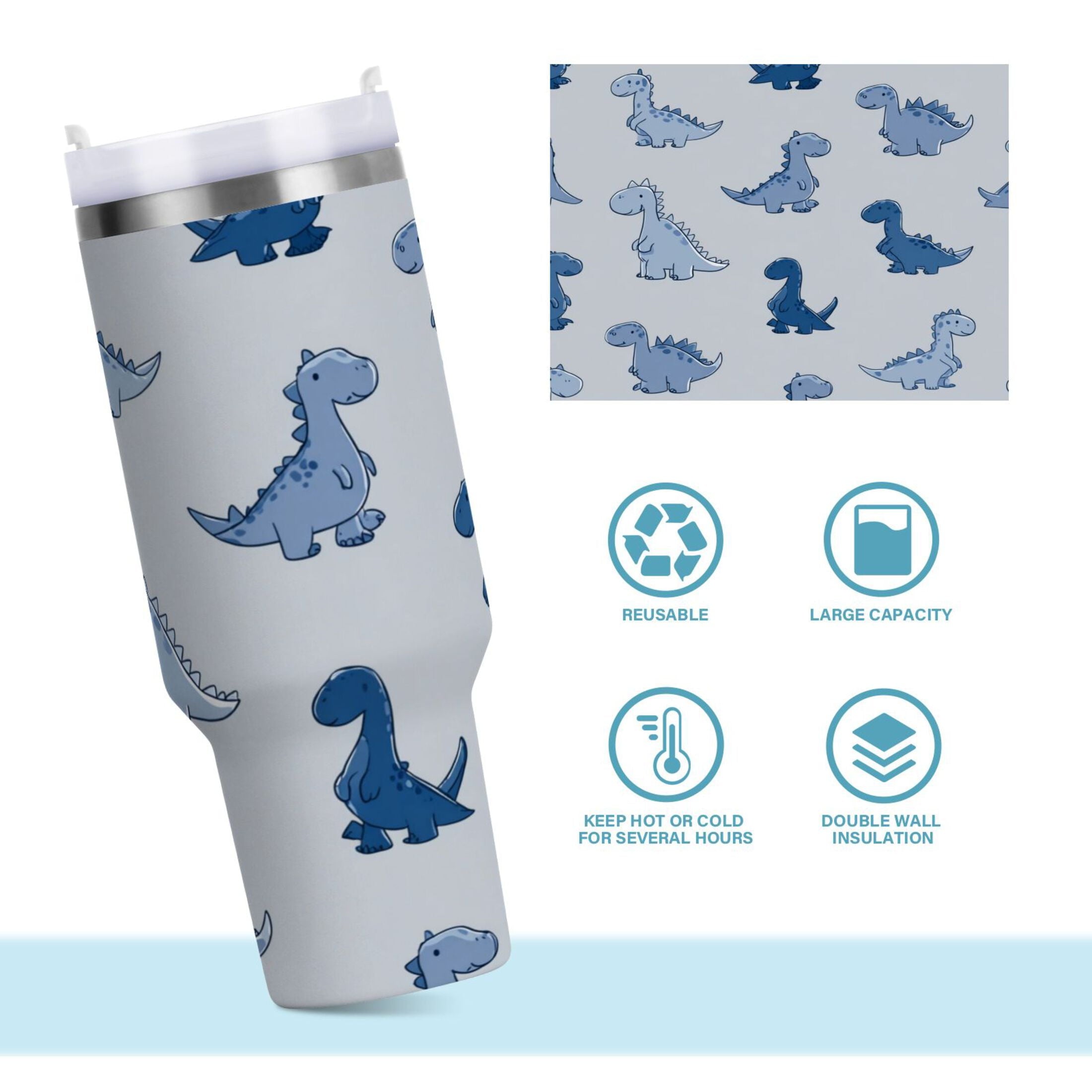 30 oz Insulated Stainless Steel Tumbler Double Wall Stainless Steel Tumbler with 2-Way Drinking Cute Blue Dinosaurs - LQ4P