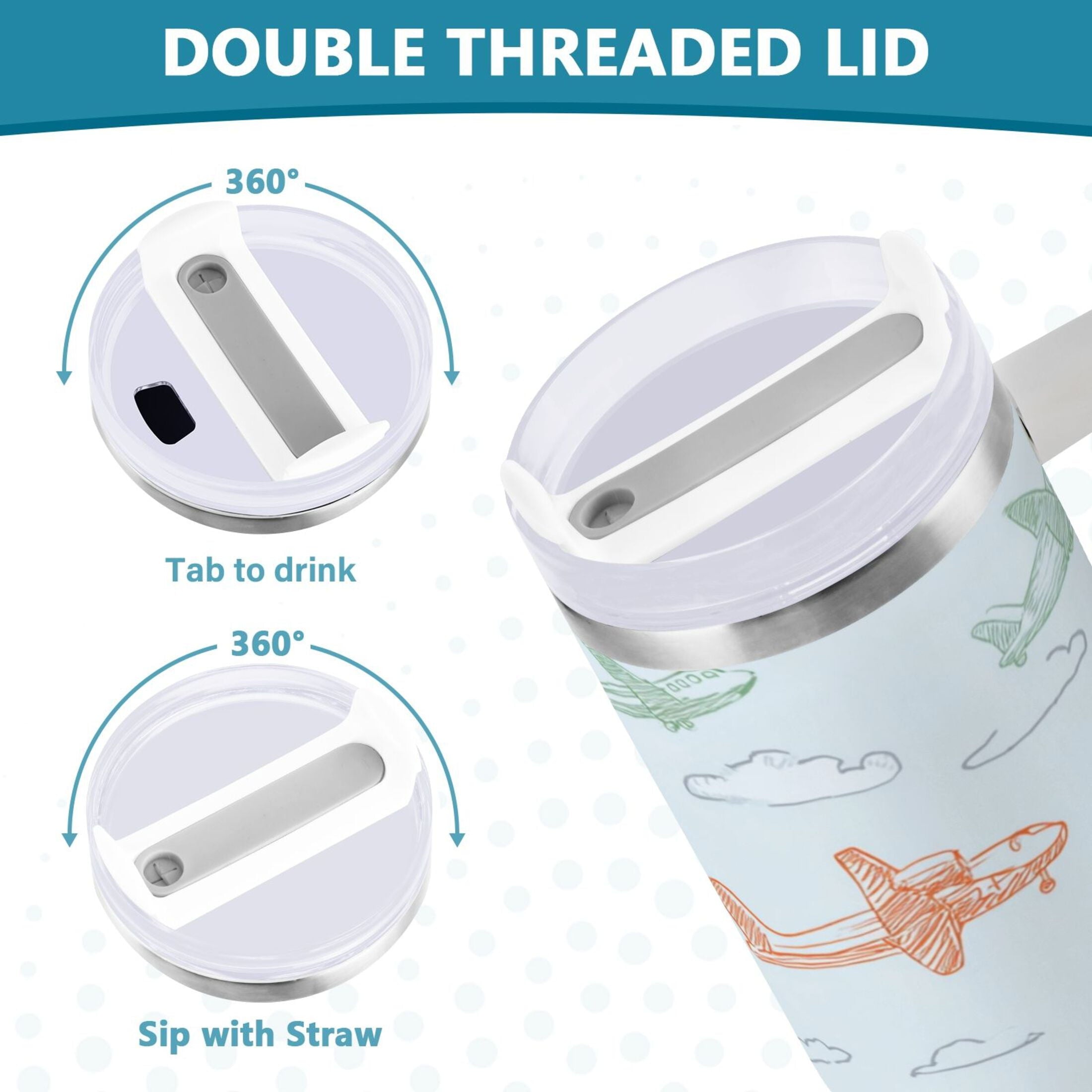 30 oz Insulated Stainless Steel Tumbler Double Wall Stainless Steel Tumbler with 2-Way Drinking Pastel Doodle Airplanes - LVQZ