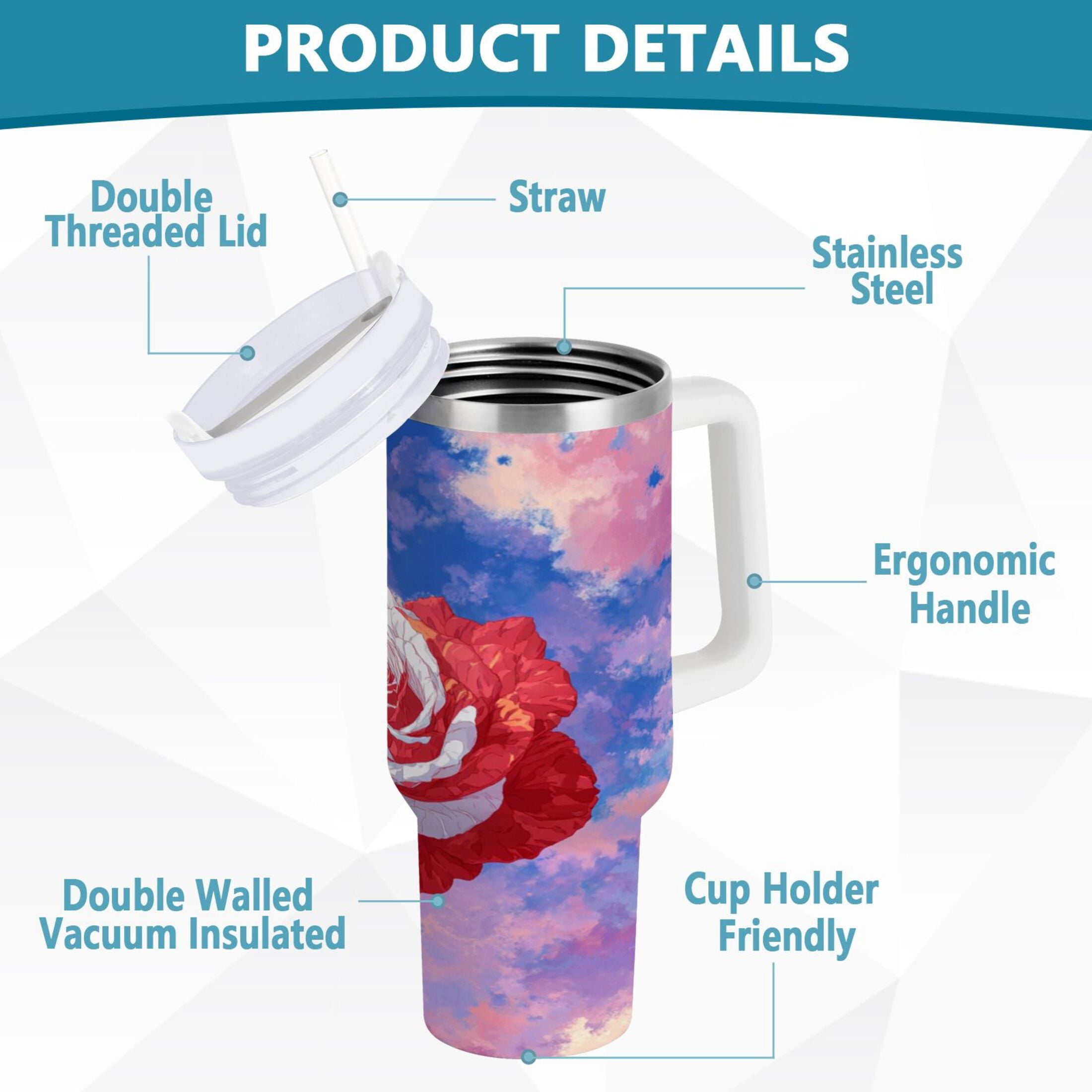 30 oz Insulated Stainless Steel Tumbler Double Wall Stainless Steel Tumbler with 2-Way Drinking Rose with Flag Pattern - NO9C